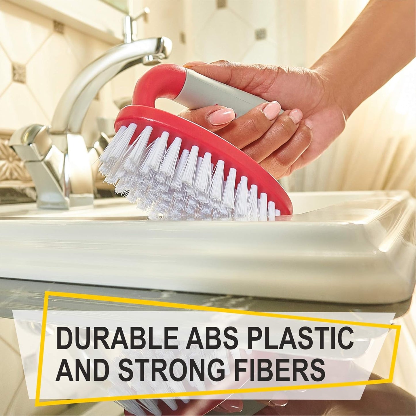 Scrub Brush Set of 6 pcs - Red or Blue Randomly Color, Cleaning Shower Scrubbers with Squeegee for Shower Glass & Adhesive Wall Hooks Including Grout Cleaner Brush for Cleaning Bathroom, Tile