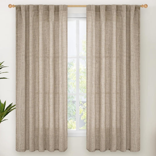 YoungsTex Dark Oatmeal Linen Curtains 63 Inch Length for Living Room, Semi Sheer Short Window Drapes Light Filtering Rod Pocket Back Tab Curtain for Bedroom, 2 Panels, 38 X 63 Inch