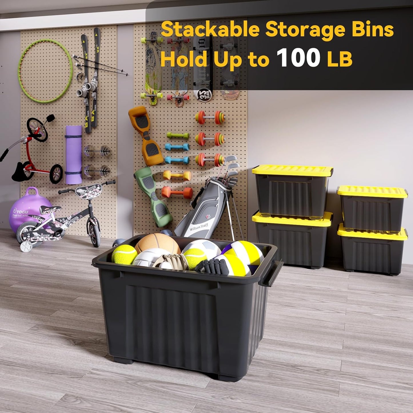Nazhura 97 Quart Plastic Storage Bin, Stackable and Nestable Storage Boxes with Yellow Lids and Secure Latching Buckles, Large Storage Container (Black/Yellow, 97Quart-4Pack)