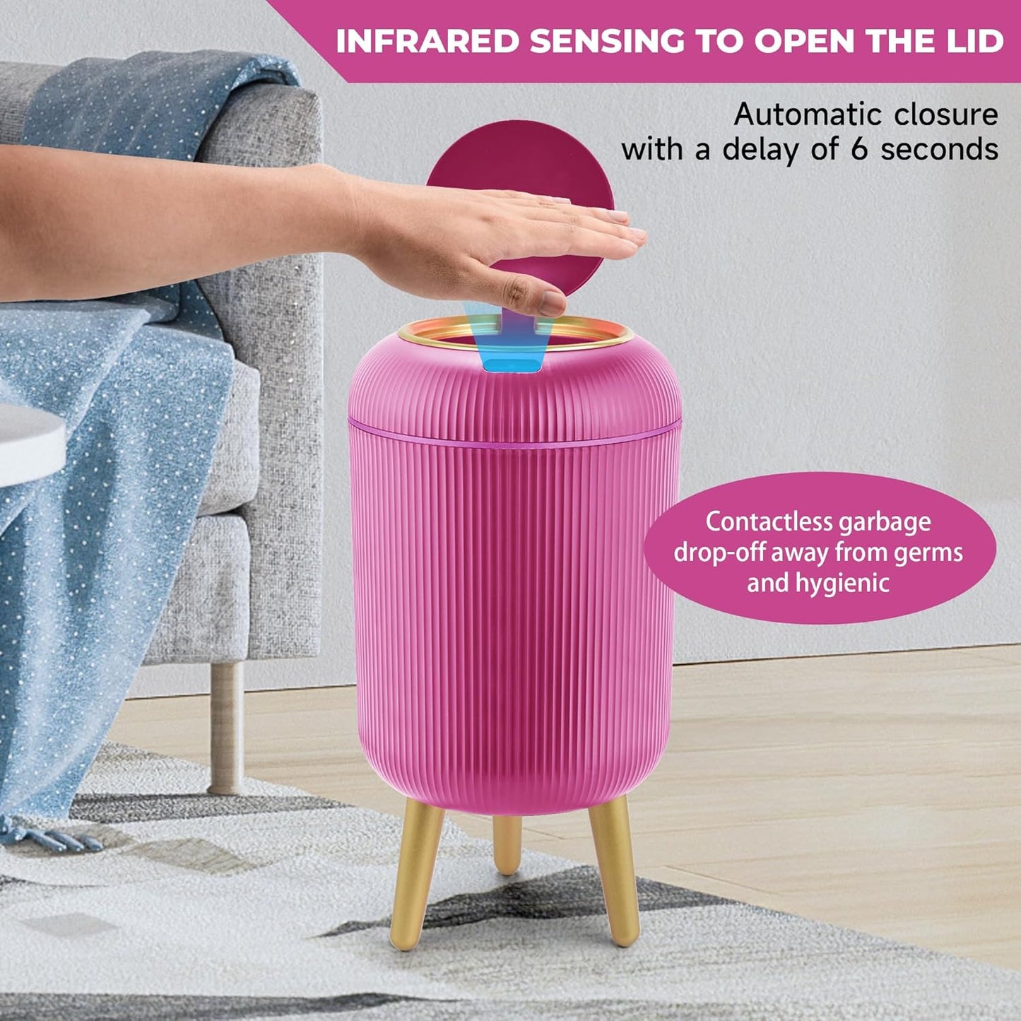 Pukomc Smart Sensor Wastebasket, Convenient and Hygienic Easy to Use, Technology Sensor Waterproof Wastebasket Plastic Trash can for Kitchen, Bathroom, Bedroom, Living Room, Office and Outdoor Pink