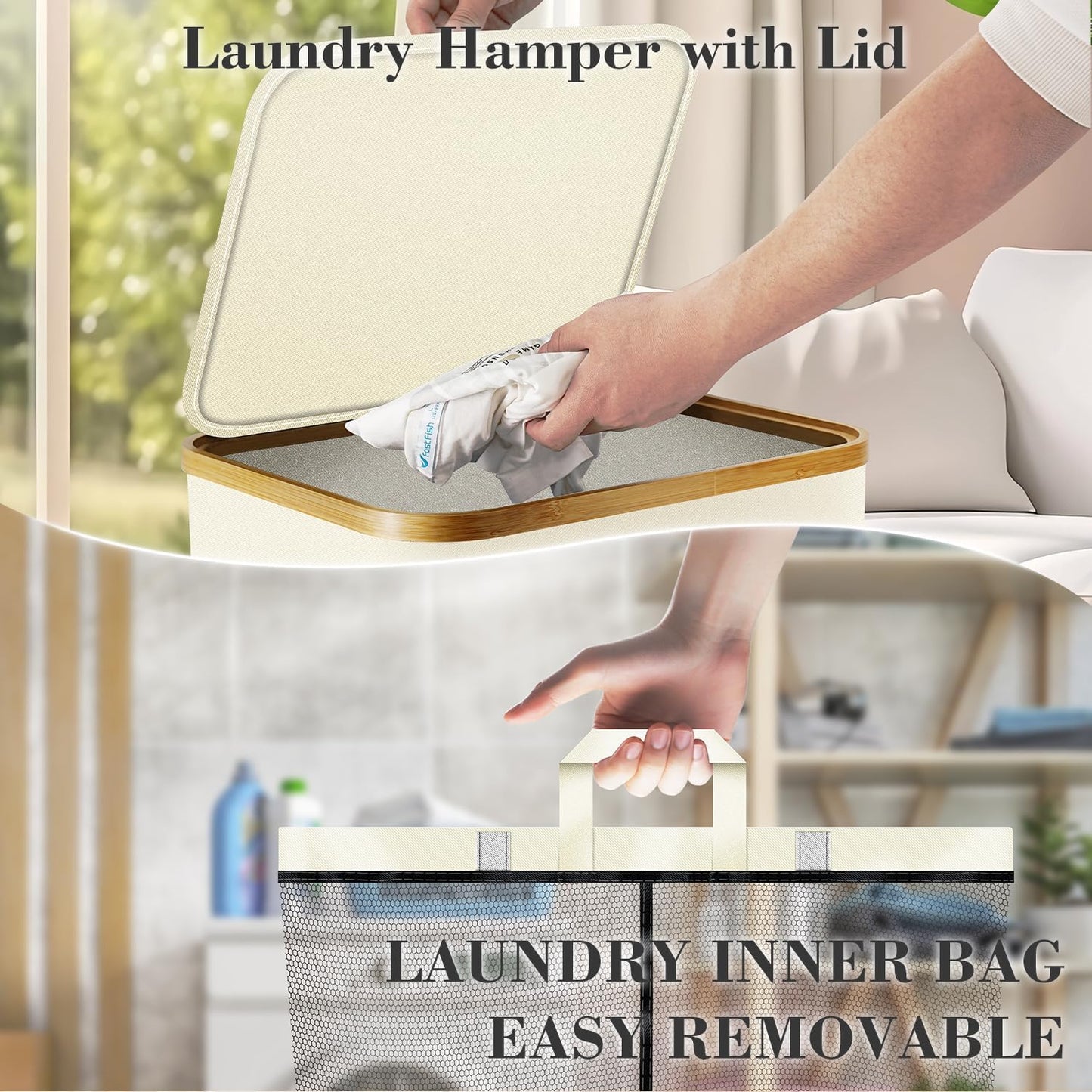 Laundry Hamper with Wheels,20 Gal (75L) Laundry Basket with lid Rolling Clothes Hamper Foldable Dirty Clothes Basket on wheels with Bamboo Frame and Bag for Bedroom, Dorm, Laundry Room-Off White