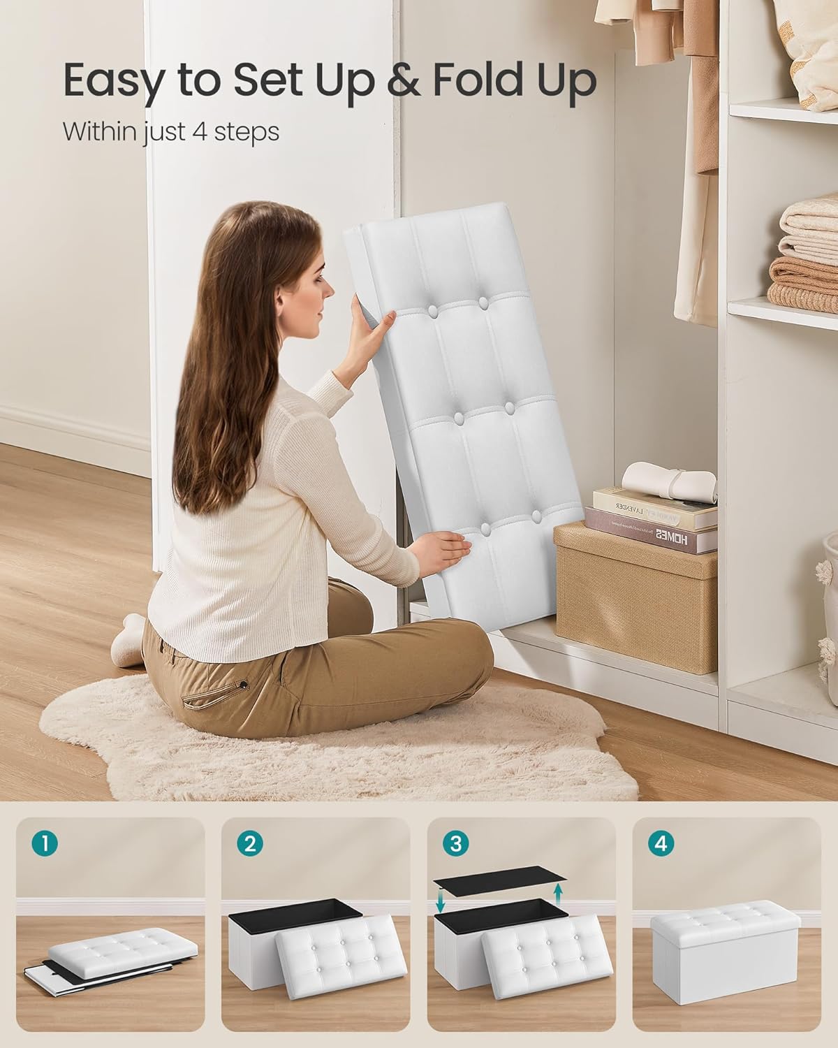 SONGMICS MAZIE Collection - 30 Inches Folding Storage Ottoman Bench, Ottoman with Storage, Foot Rest Stool, Load 660 lb, for Living Room, Synthetic Leather, White ULSF106