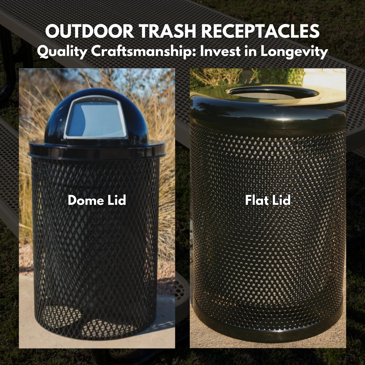 COATEDOUTDOORFURNITURE RDT-TXTSAND Heavy Duty 32 Gallon Round Trash Receptacle, Liner Included, Textured Sandstone with Textured Sandstone Steel Dome Top, Made in America