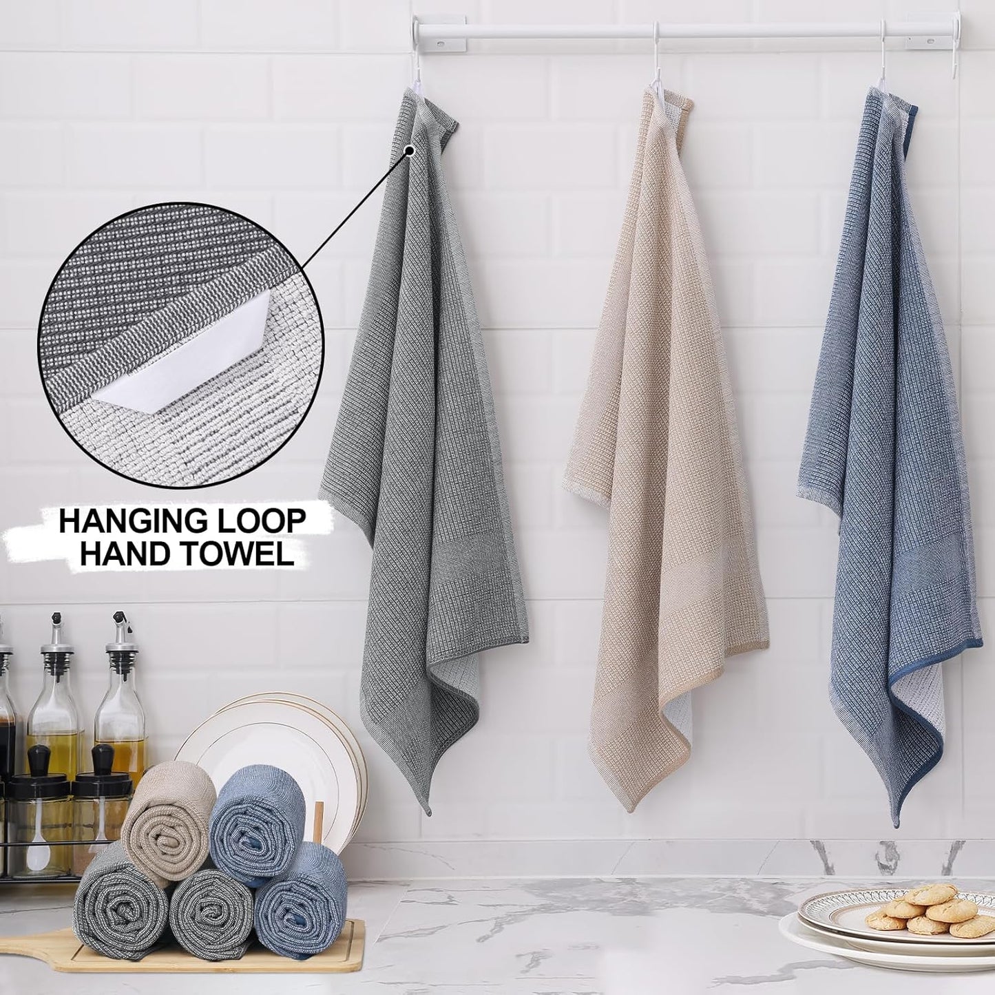 Homaxy Premium Kitchen Towels(18”x 28”, 12 Pack), Large Cotton Kitchen Hand Towels, Flat and Terry Dish Towels, 380 GSM Highly Absorbent Tea Towel Set with Hanging Loop, Grey/Khaki/Black