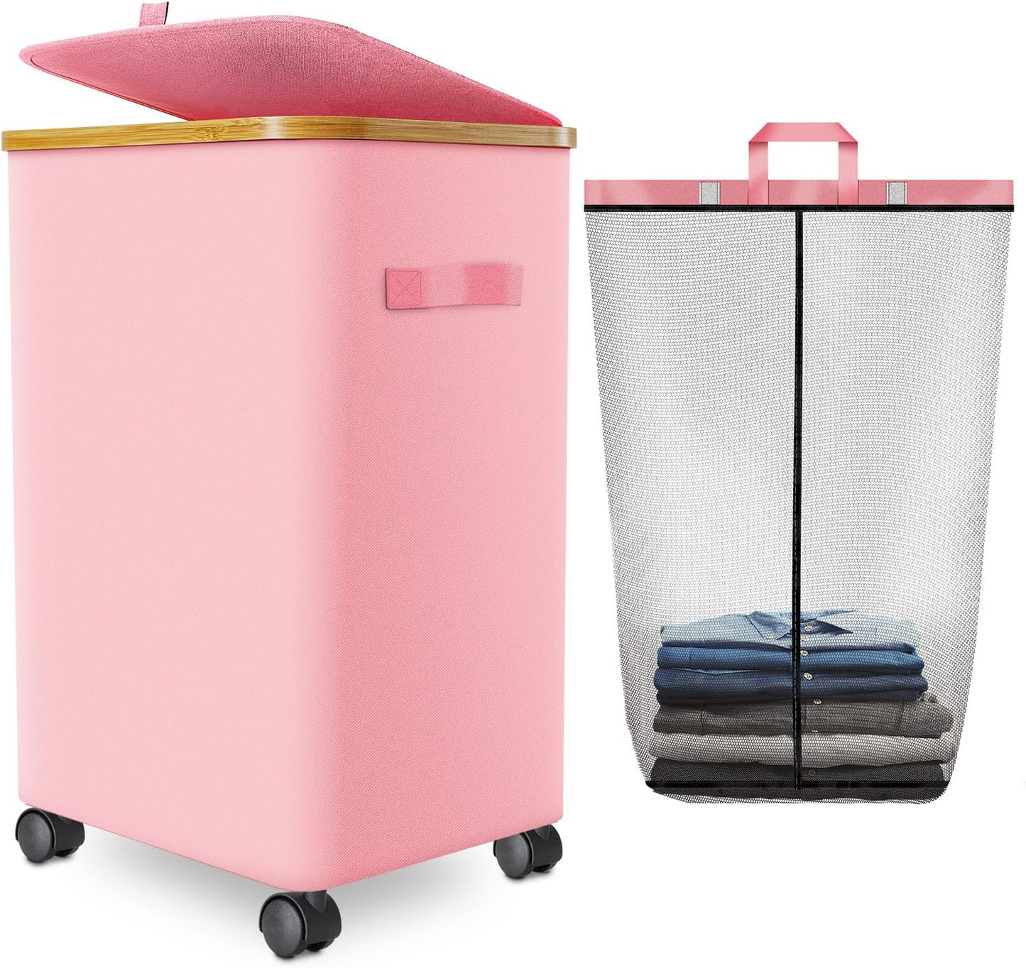 Laundry Hamper with Wheels,20 Gal (75L) Laundry Basket with lid Rolling Clothes Hamper Foldable Dirty Clothes Basket on wheels with Bamboo Frame and Bag for Bedroom, Dorm, Laundry Room-Pink