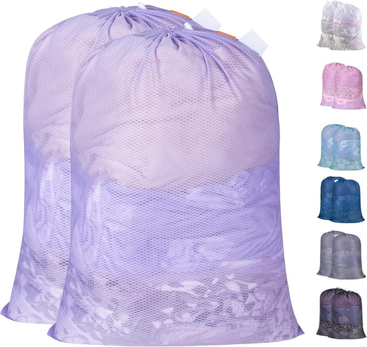 Polecasa Heavy Duty Large Mesh Laundry Bags with ID Tag and Locking Drawstring Closure - 2 Pack, 24 x 36 inches - Laundry Hamper Liner, Washable Laundry Bag for Travel, Sports, Dorms (Purple)