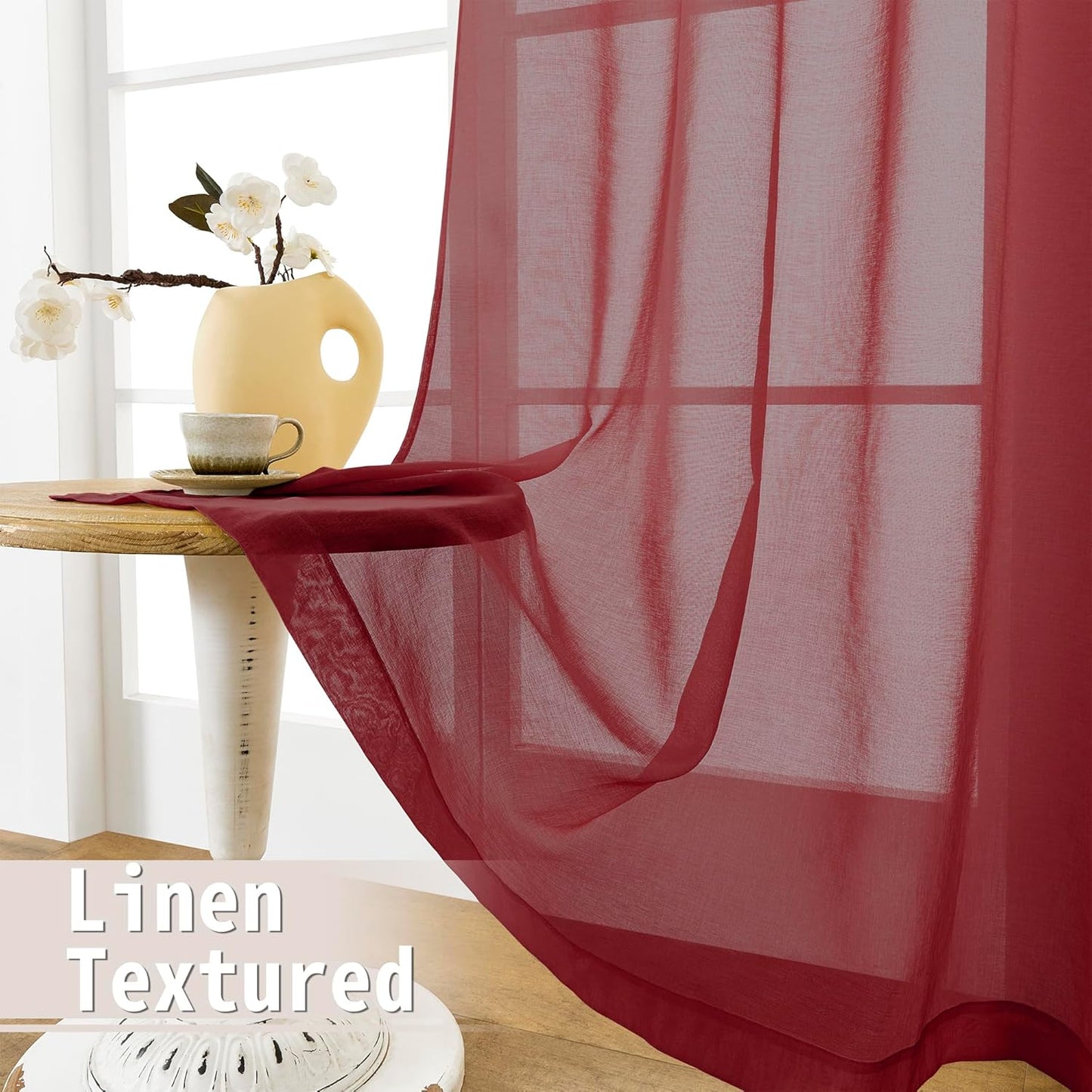 Tollpiz Short Sheer Door Curtain Closet Linen Textured Curtain Sheers Doorway Light Filtering Voile Patio Glass Door Rod Pocket Curtains French Door, 54 x 54 inches Long, Burgundy Red, Set of 1 Panel