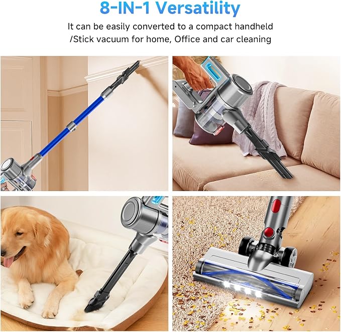 Cordless Vacuum Cleaner, 38Kpa Powerful Stick Vacuum Cleaner with 45mins Rechargeable Battery, LED Anti-Tangle Brush, 8-in-1 Handheld Vacuum Cleaners for Home/Pet Hair/Carpets/Floors, Blue