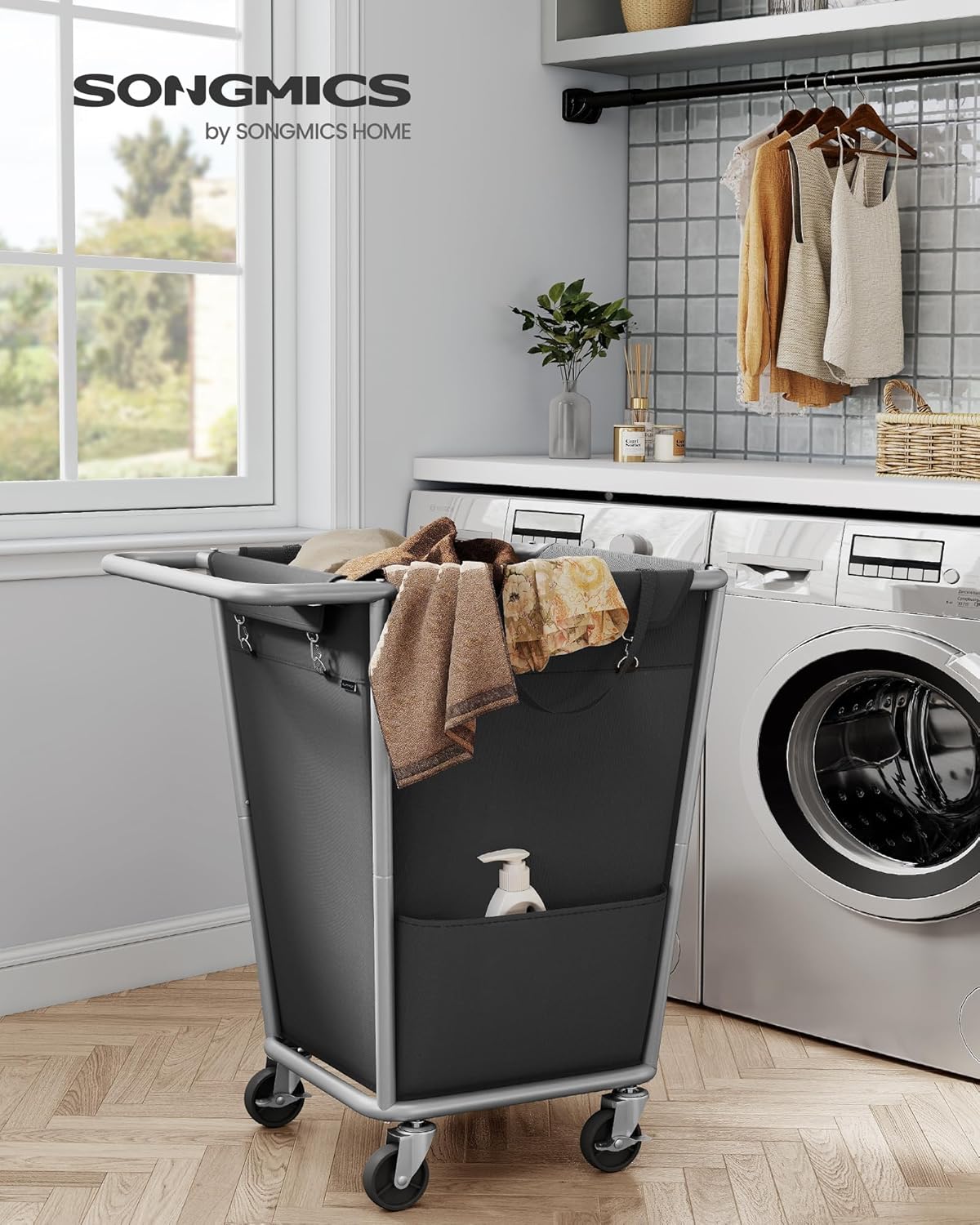 SONGMICS Laundry Basket with Wheels, 34.3 Gallons (130 L) Rolling Laundry Hamper with Removable Bag, Heavy-Duty Steel Frame with Handle, Ink Black URLS008B01