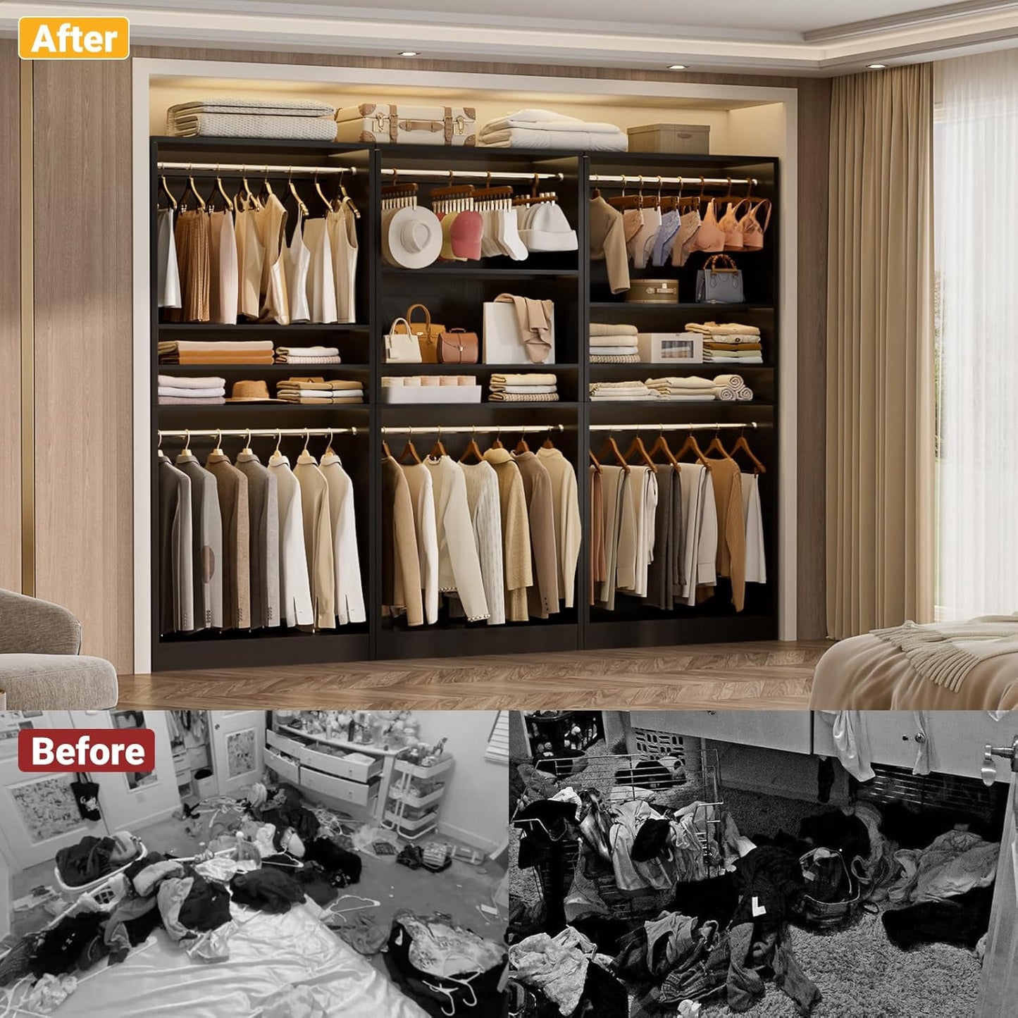 Unikito 3FT Freestanding Closet System with 2 Hanging Rods & Adjustable Shelve, 36'' Wood Closet Organizer System, Clothes Garment Rack, Sturdy Walk-in Closet Tower, Easy Assembly, Hold 800LBS, Black