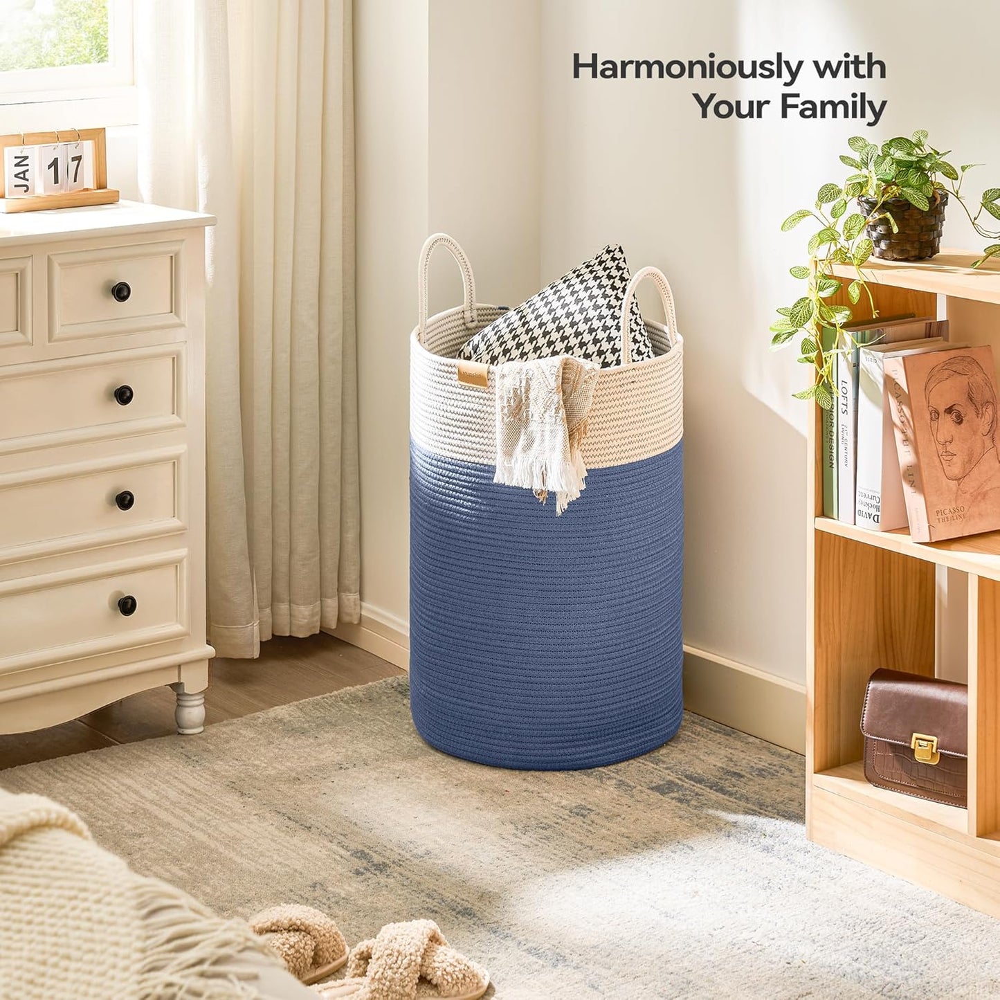 Laundry Hamper 75L,Large Laundry Basket for Clothes,Decorative Storage Basket for Blankets,Cotton Rope Woven basket for bedroom,Navy Blue