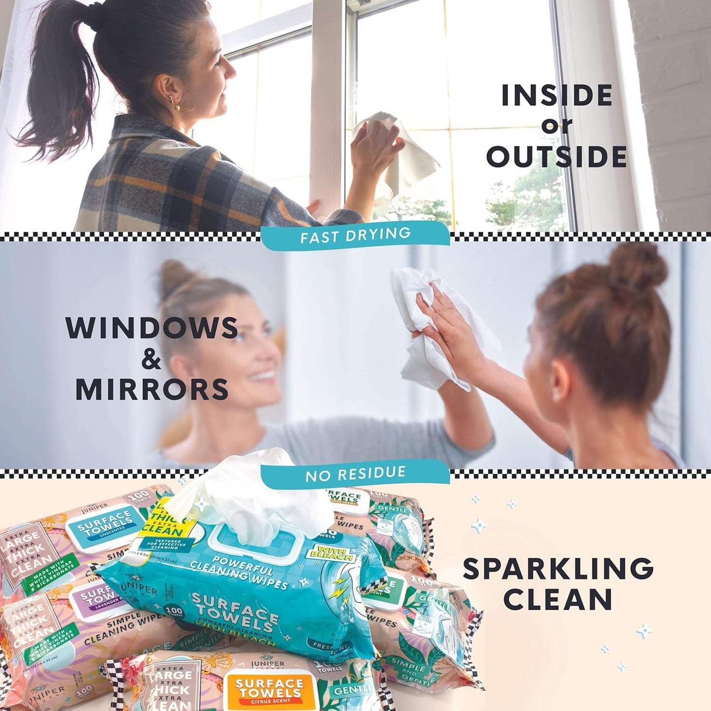 3 Packs Surface Cleaning Wipes Bleach Free, Thick & Large Dispose, All-Purpose Cleaner for Bathroom, Kitchen, Office, 300 Count Soft Flow, Biodegradable, Juniper Scent