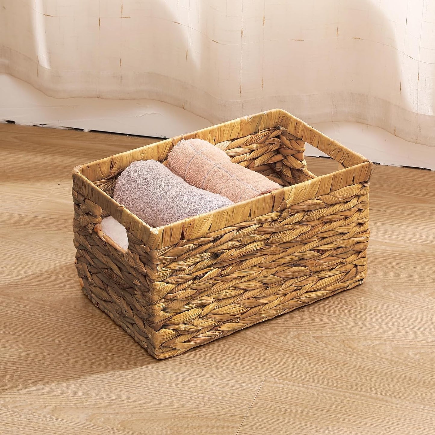 Rectangular Storage Basket 2PCS Water Hyacinth Baskets,Hand-Woven Baskets with Handles,12.99x7.08x8.26″for Living Bedroom Organizing Shelves