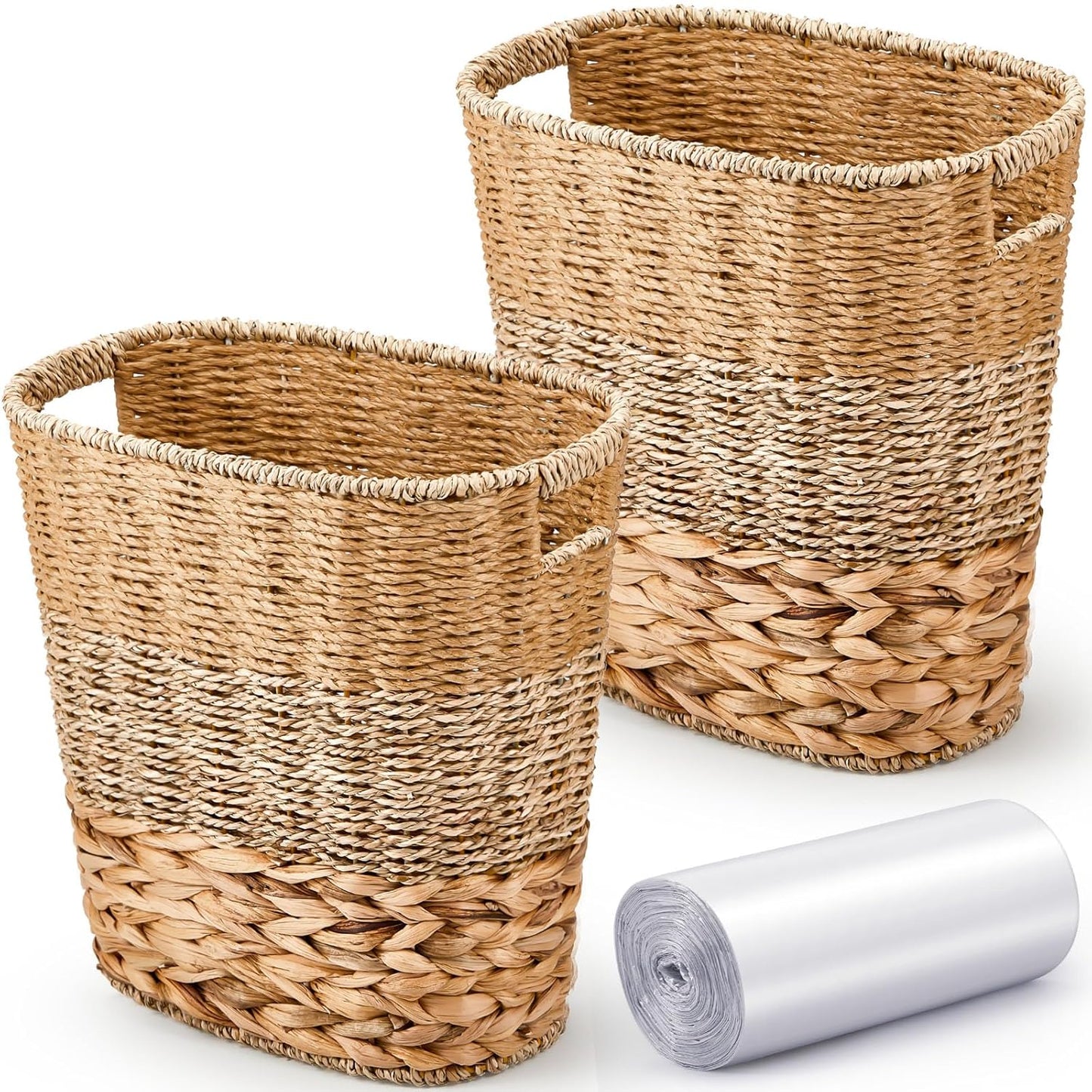 2 Pcs Wicker Trash Can with 50 Small Trash Bag Wicker Waste Woven Basket with Handles Clear Multi Use Garbage Bags for Bathroom Kitchen Bedroom(Various Materials,Classic Style)