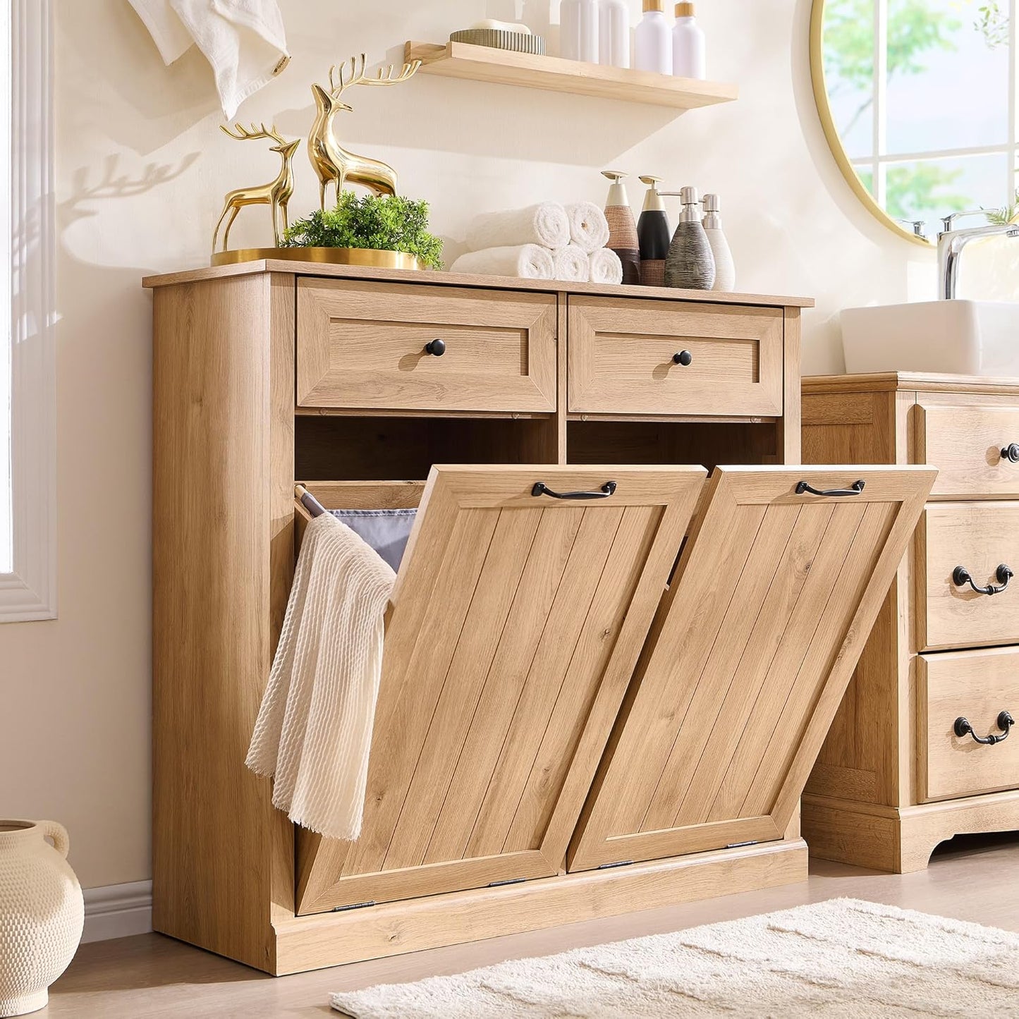 Double Tilt Out Laundry Hamper Cabinet, 20 Gallon Farmhouse Trash Can Cabinet with Drawer, Hidden Wood Garbage Can Bin Cabinets with Laundry Storage Basket for Bathroom, Kitchen (Natural)