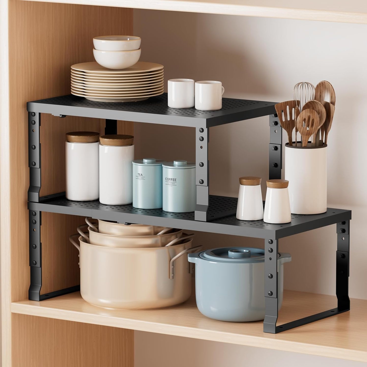 Metal Stackable Expandable Storage Shelf - Multi-Functional Home Storage Shelf, Suitable for Kitchen, Cabinet，Bathroom, Office, Garage, etc.（2PACKS/Black/Large