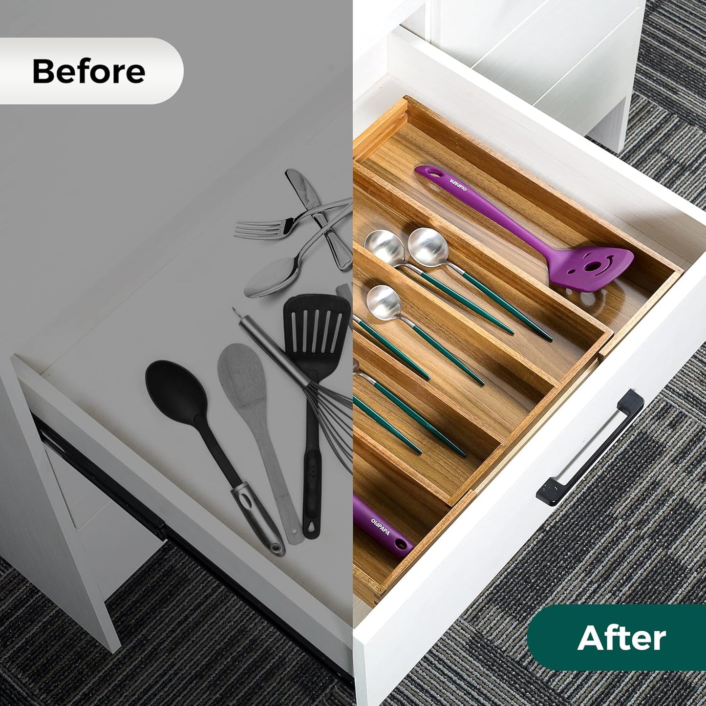 Utoplike Acacia Kitchen Drawer Organizer Expandable, Large Utensils and Cutlery Tray, Adjustable Silverware Divider for Knives Flatware