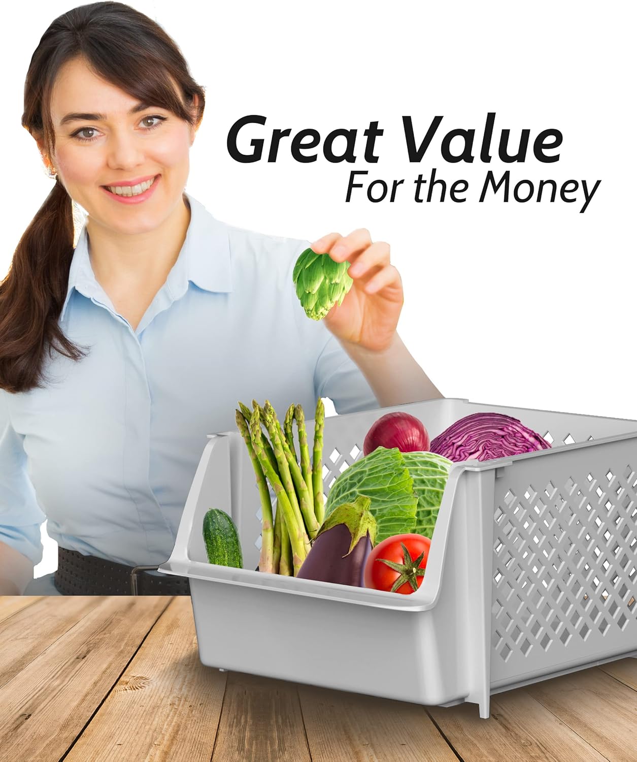 Skywin Plastic Stackable Storage Bins for Pantry - 2 Pack Stackable Bins For Organizing Food, Kitchen, and Bathroom Essentials (Light Grey)