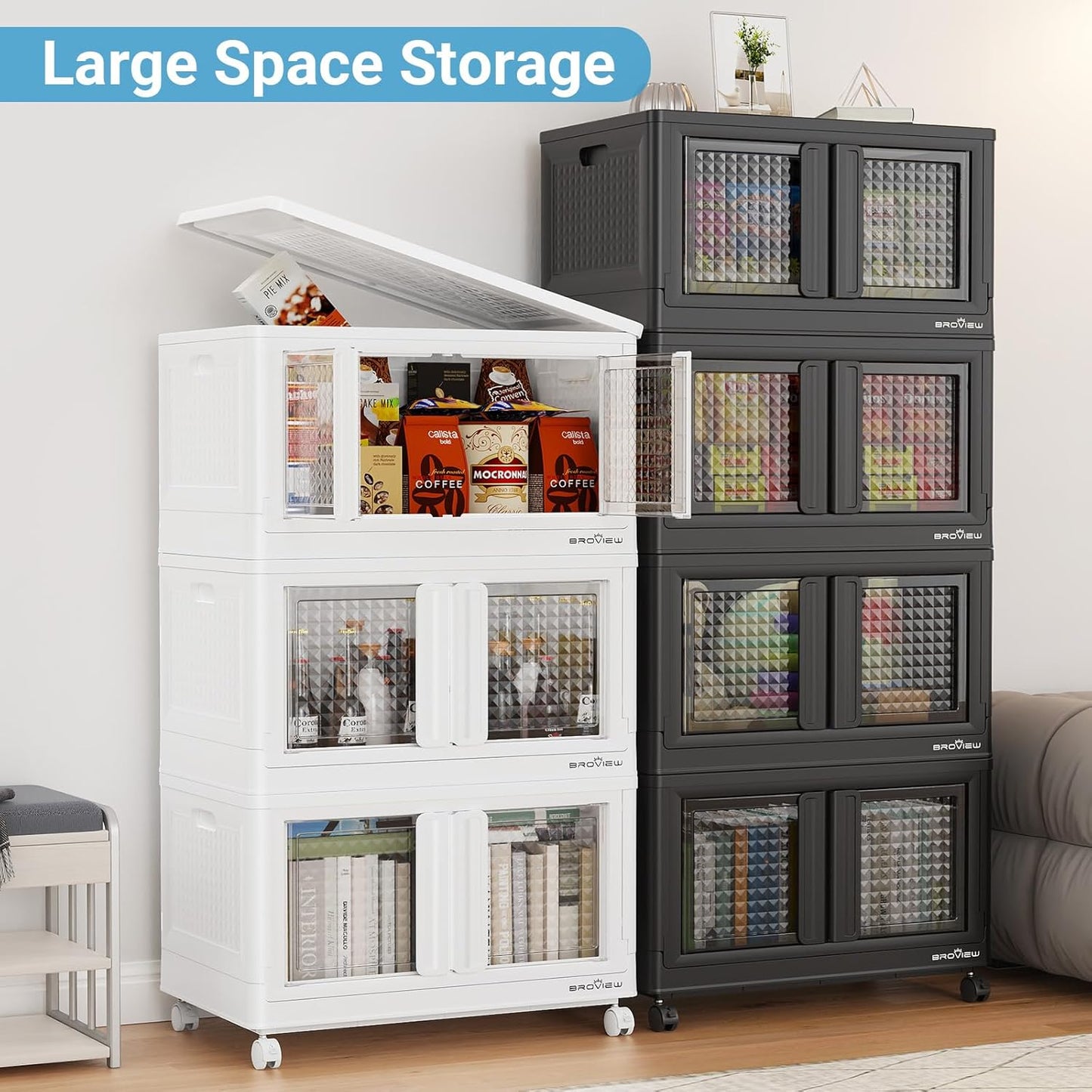 BROVIEW 400Qt Stackable Storage Bins with Lids, 100Gal Closet Organizers and Storage Drawer, Plastic Collapsible Storage Bins with Doors, Heavy Duty Store Box Cabinet for Home Kitchen, 4Pack Black