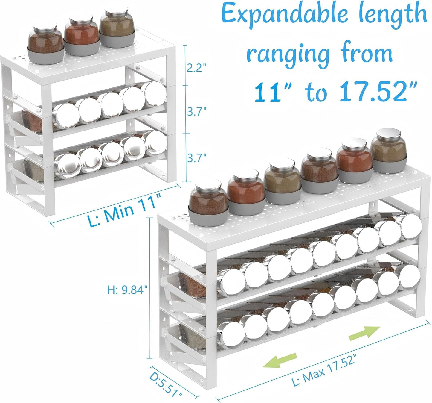 Expandable, Stackable, Adjustable Spice Rack kitchen Organizer,Metal Pantry Storage Shelves - Multi-Tier Shelf for Cabinet, Countertop, Pantries, Cupboard or Wall Mount,White