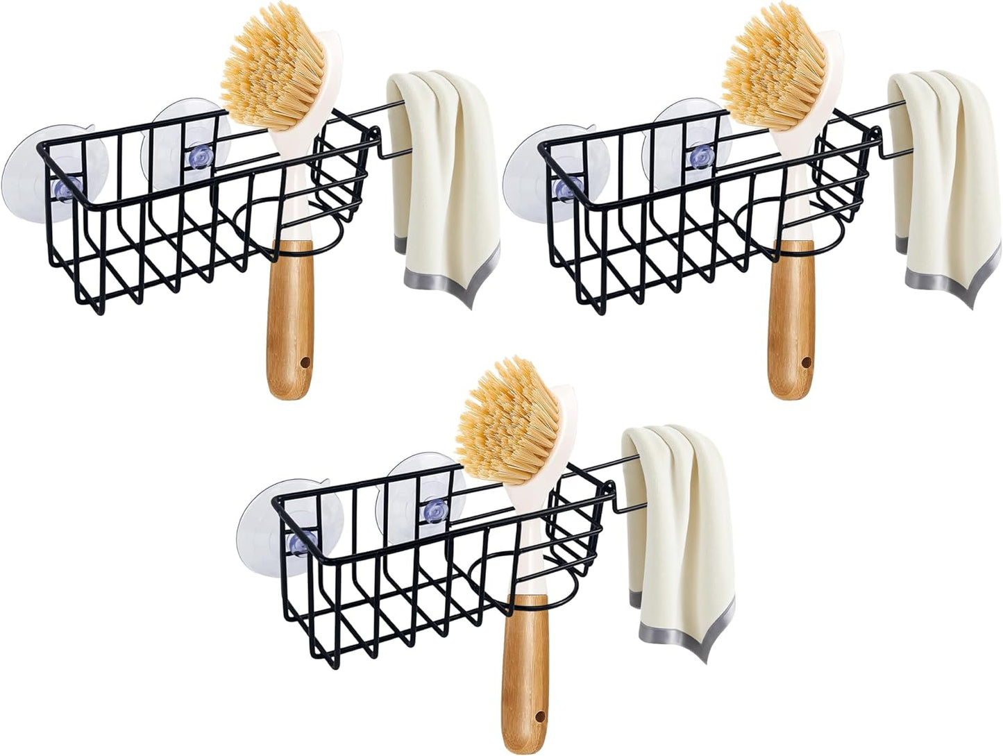 Sponge Holder with Dish Cloth Hanger for Kitchen Sink, In-sink Caddy Organizer with Suction Cups & Adhesive Strips, Rustproof Sponge Rack for Soap, Brush, Scrubber - Black（3 Pack）