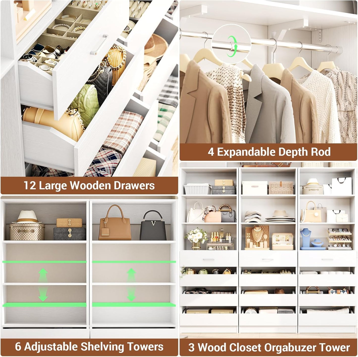 Aheaplus Closet System Set of 3, 138.5" Wood Closet Organizer System Tower with 12 Drawers & 4 Hanging Rods, 6.7+4.85Ft L Shaped Walk-in Closets Wardrobe Organizer Garment Rack with Shelves, White