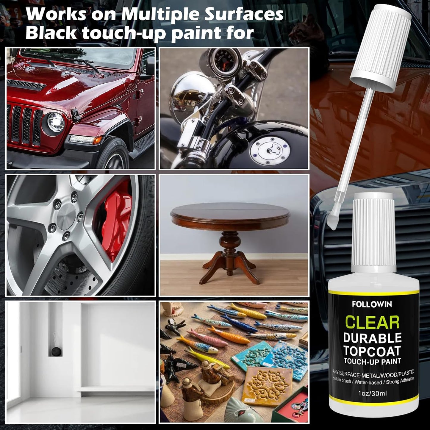 FOLLOWIN Automotive Clear Coat,Gloss Clear Finished Car Touch Up Paint,Use on Exterior & Interior Multi-Surface,Water Based Topcoat for Metal,Wood,Wall 1oz/30ml