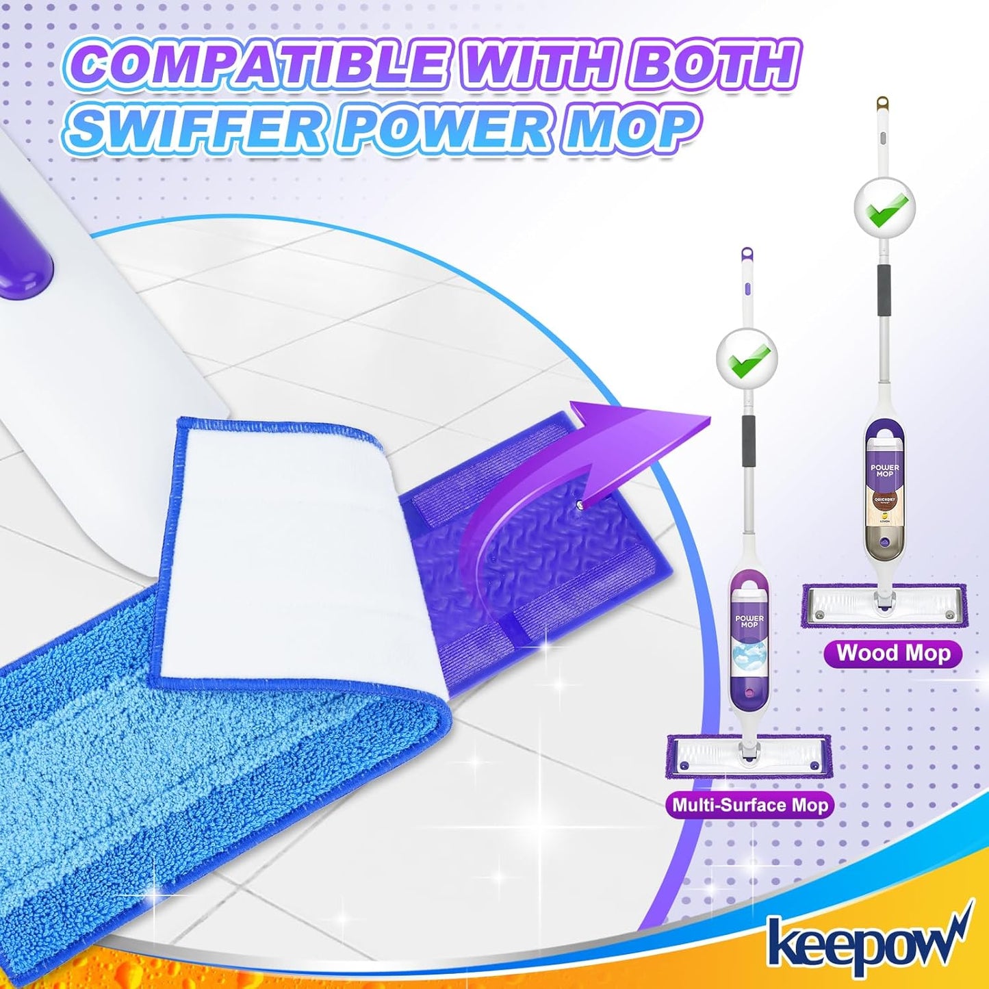 Reusable Mop Pads for Swiffer PowerMop, 5 Pack Microfiber Mop Pad Refills with Scrubber Strips for 13''-15'' Spray Mop, Washable Mop Pads Use for Most Floor Types, Mop Pads Replacement for Dry Wet Mop