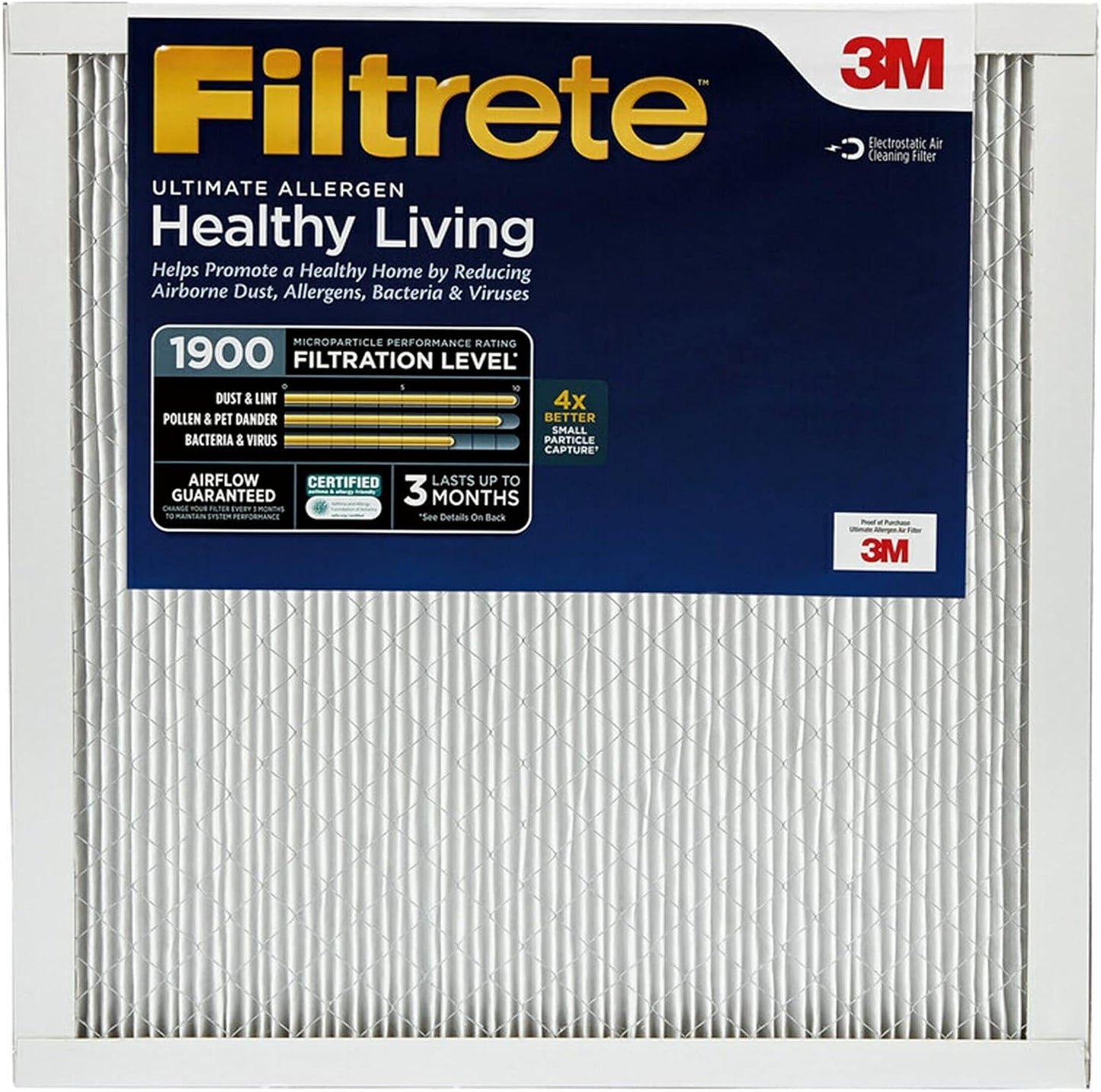 Filtrete 14x14x1 AC Furnace Air Filter, MERV 13, MPR 1900, Premium Allergen, Bacteria & Virus Filter, 3-Month Pleated 1-Inch Electrostatic Air Cleaning Filter, 6-Pack (Actual Size 13.81x13.81x0.78 in)