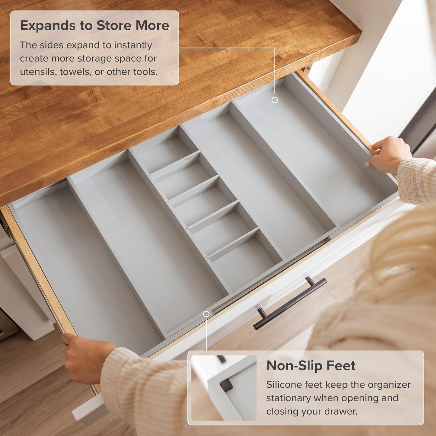 KitchenEdge Adjustable Kitchen Drawer Organizer for Utensils and Junk, Food-Safe Contract Grade with 100% Sustainable Wood, Expandable from 19 to 33 Inches Wide - Gray Bamboo