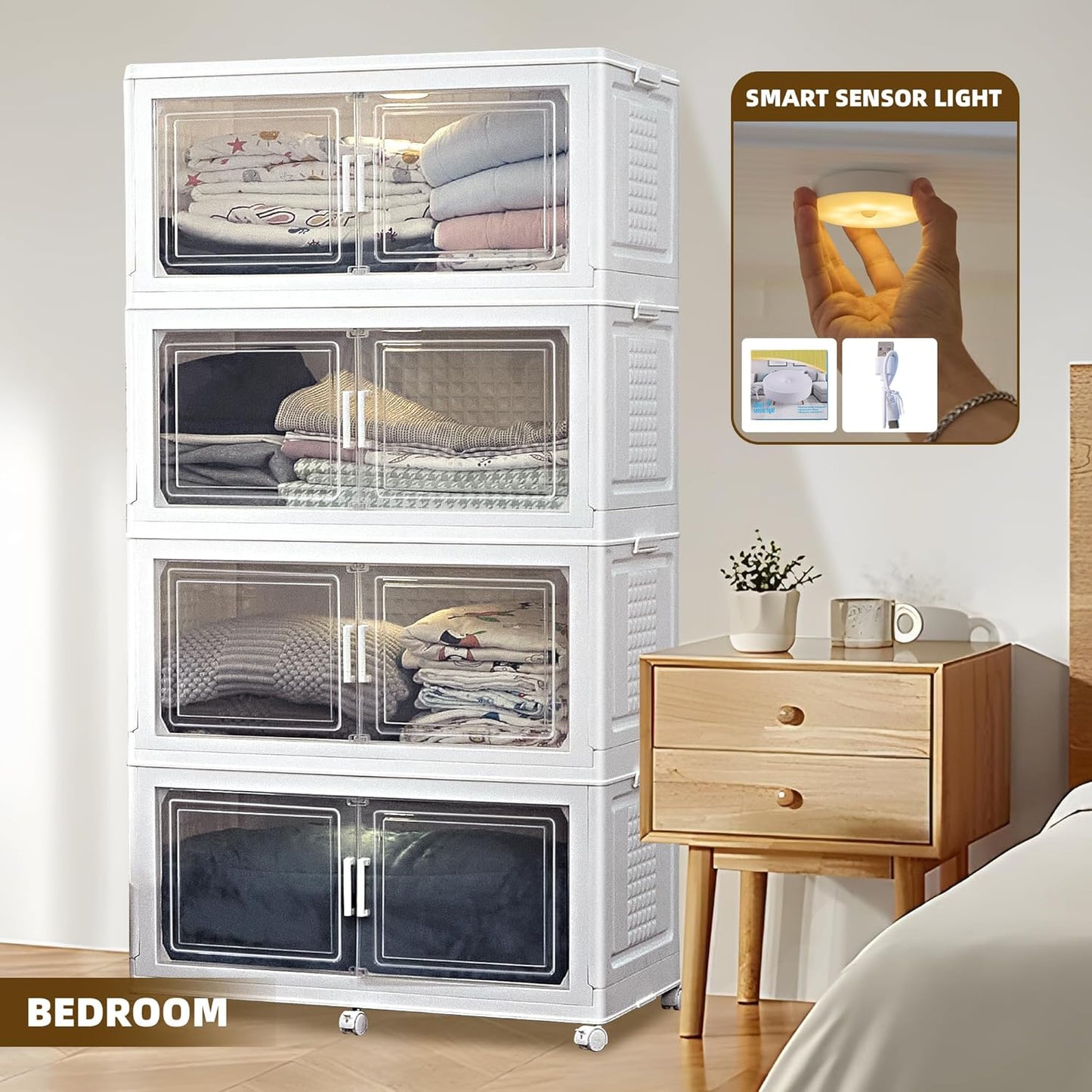 752QT/188Gal 4 Stackable Storage Bins with Lid and 8 doors, Motion Sensor Lights in Cabinets, Large Collapsible Container Box with 6 Wheels, Plastic Foldable Organizer for Home - Pure White