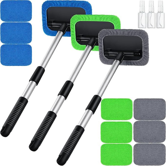 Frienda 3 Set Windshield Cleaner Tool Inside Car Window Cleaner Tool with 3 Extendable Handle 9 Reusable Microfiber Pads and 3 Spray Bottles for Auto Home Interior Exterior Glass Cleaning(Multicolor)