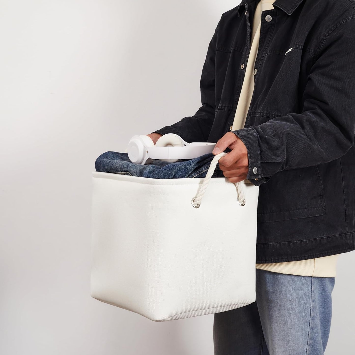 11 x 11 Inch Storage Cubes, 6 Pack Large Collapsible Fabric Storage Bin with Ropes, Foldable Storage Cubes for Home, Office,Closet, Clothes, Toys Organizer (White)