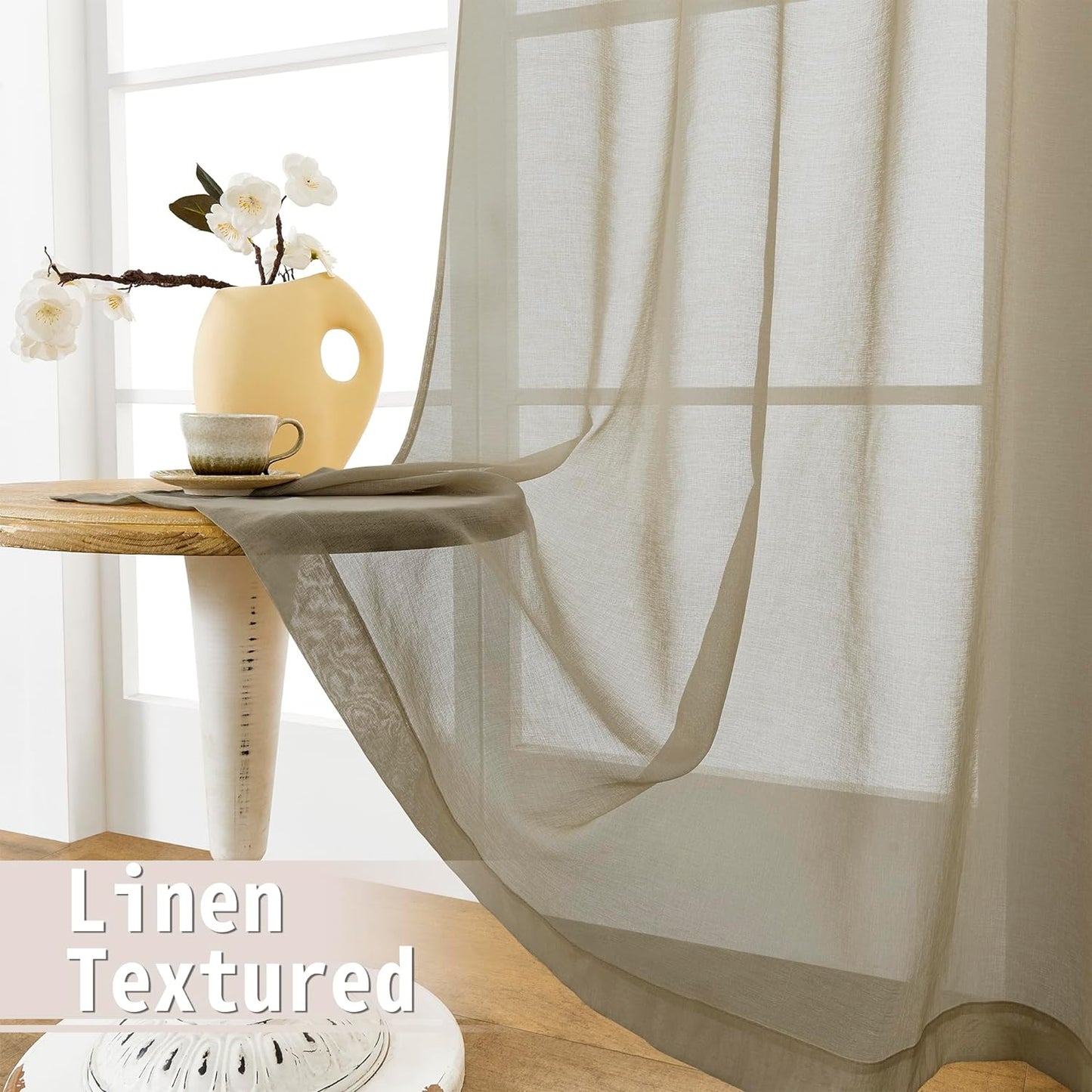 Tollpiz Sheer Linen Textured Curtain Sheers Doorway Light Filtering Voile French Door Rod Pocket Curtains Patio Glass Door, 25 x 80 inches Long, Taos Taupe, Set of 1 Panel