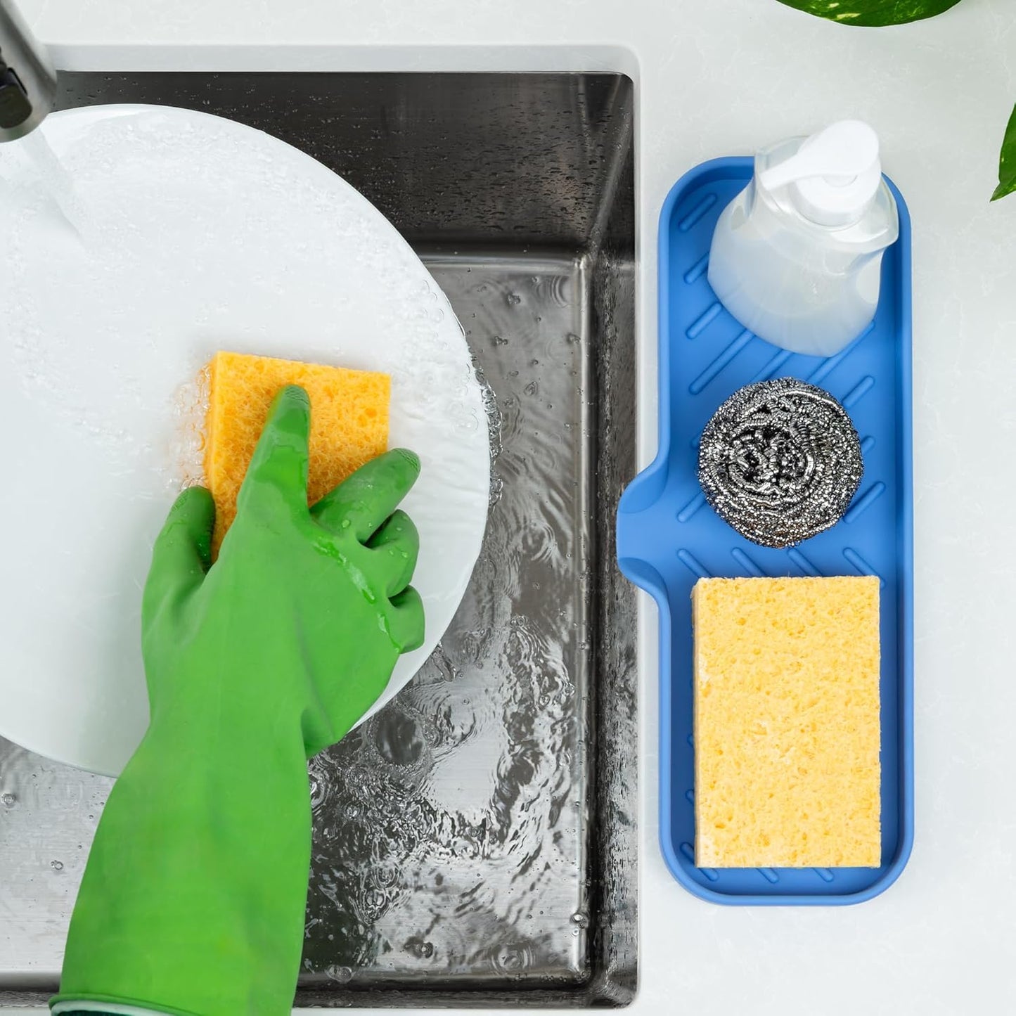 Zulay Large Silicone Sponge Holder (12x4) – Flexible Sink Organizer Tray for Kitchen & Bathroom – Multipurpose Soap Dish for Sponges, Makeup, Trinkets & More (Provence Blue)