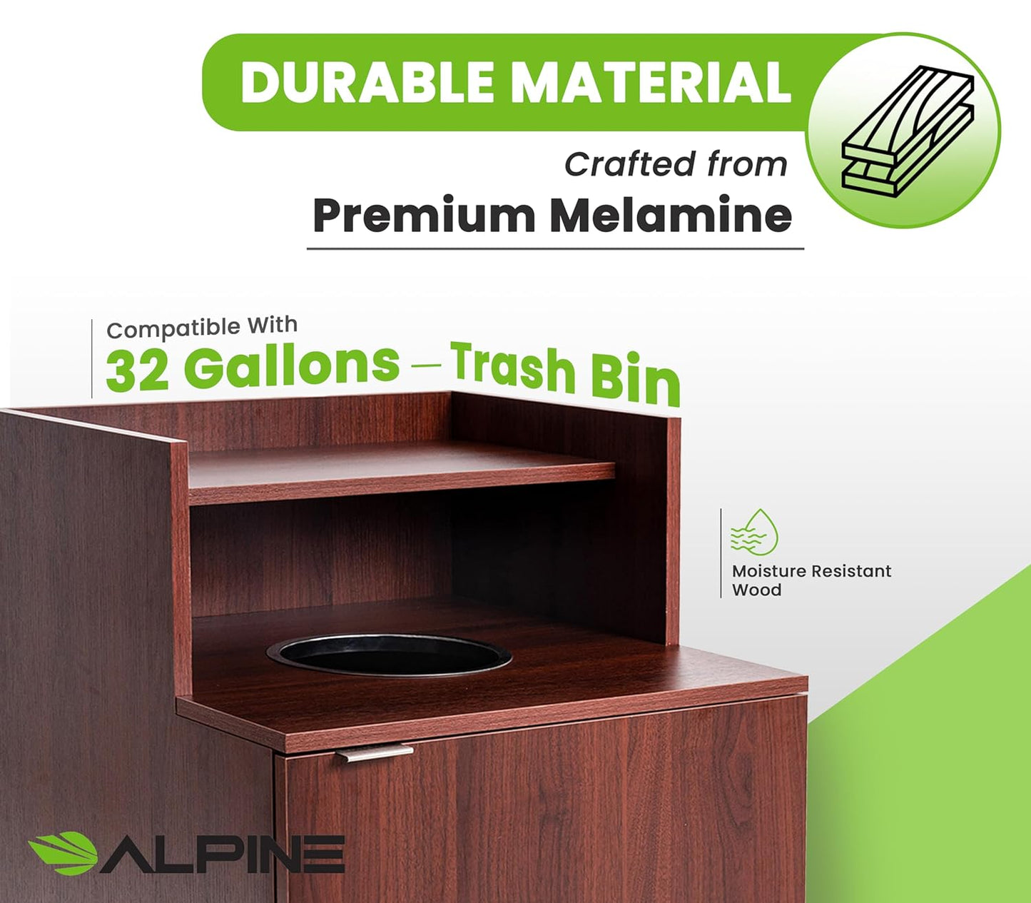 Alpine Restaurant Trash Bin Cabinet - Commercial Trash Can Garbage Receptacle Indoor with Tray Holder for 32 Gallon Garbage Bin (Mahogany)