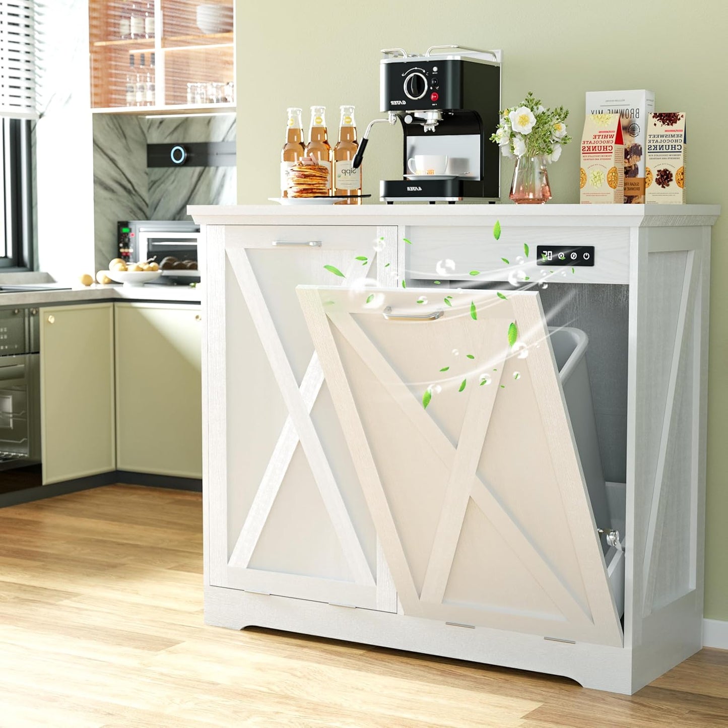 Betterhood TOLEAD Tilt Out Trash Can Cabinet, Hidden Trash Bin with Deodorizing & Negative Ion System, Pet-Proof Kitchen Waste Cabinet for Kitchen, Dining Room, Living Room (White, 2 * 13 Gallons)