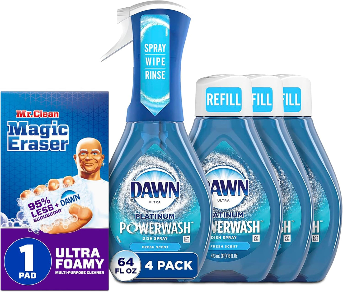 Bundle of Dawn Platinum Powerwash Dish Spray, Dish Soap, Fresh Scent Bundle, 1 Spray (16oz) + 3 Refills (16oz each)(Pack of 4) + Mr. Clean Magic Eraser Ultra Foamy Multi Purpose Cleaner, 1ct