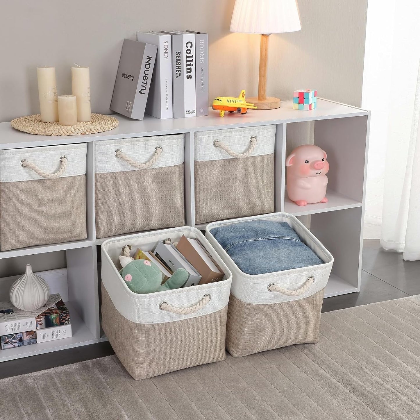 Mangata Canvas Storage Boxes, 11 Inch Cube Storage Bins Set of 6, Fabric Baskets with Cotton Rope Handle for Organizing Clothes Nursery Home (Khaki/White)