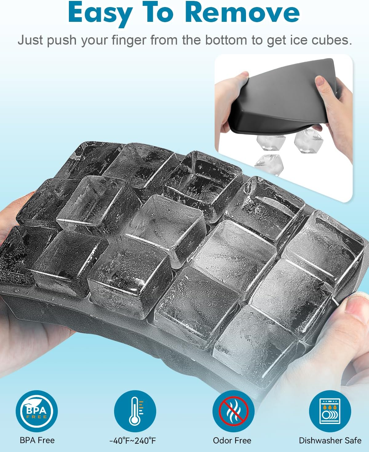 Silicone Ice Cube Trays for Freezer 2 Pack, Easy Release Square Ice Cubes Mold, Best Rubber Ice Cube Tray for Whiskey Cocktail Coffee, Mini Fridge Old Fashioned Silicone Ice Tray