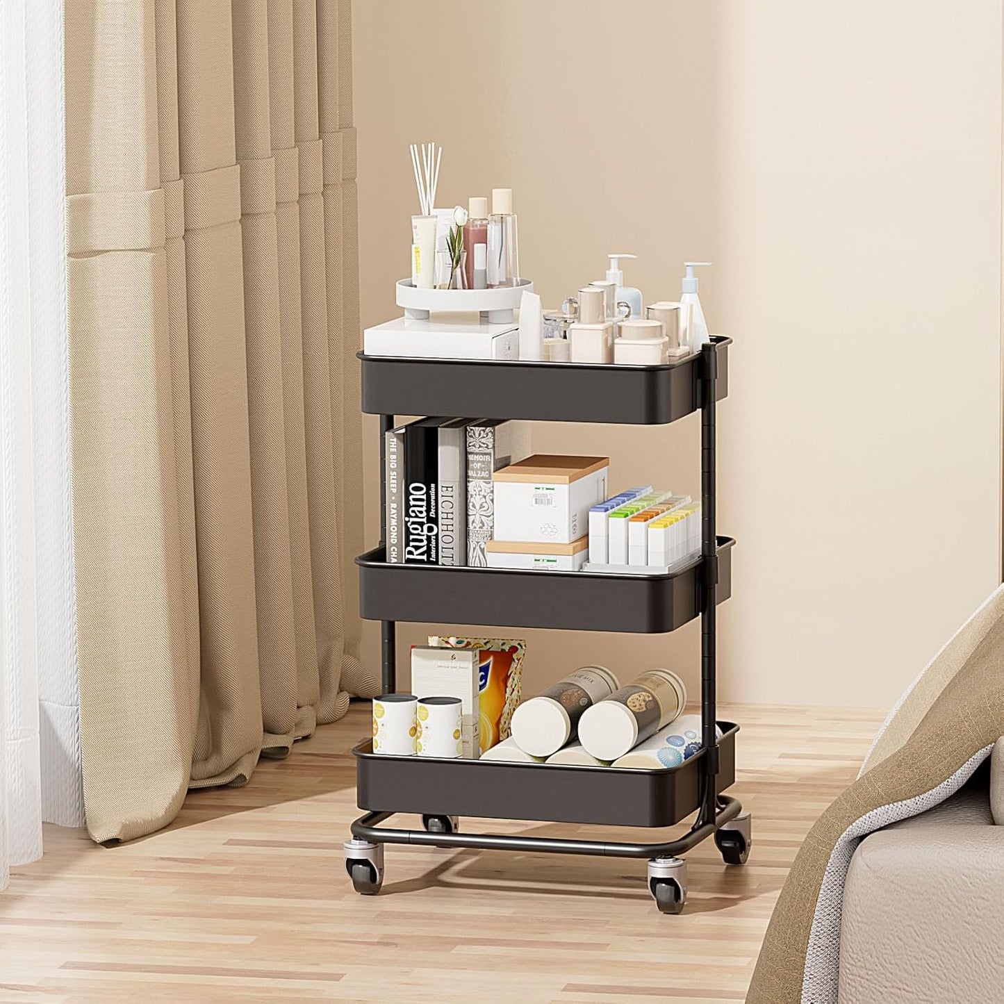 3 Tier Modern Metal Rolling Tool Cart with Silent Casters, 15.35x11.81x23.74 inch Heavy Duty Organization Truck Trolley Organizer for Office, Living Room, Kitchen, (Black)