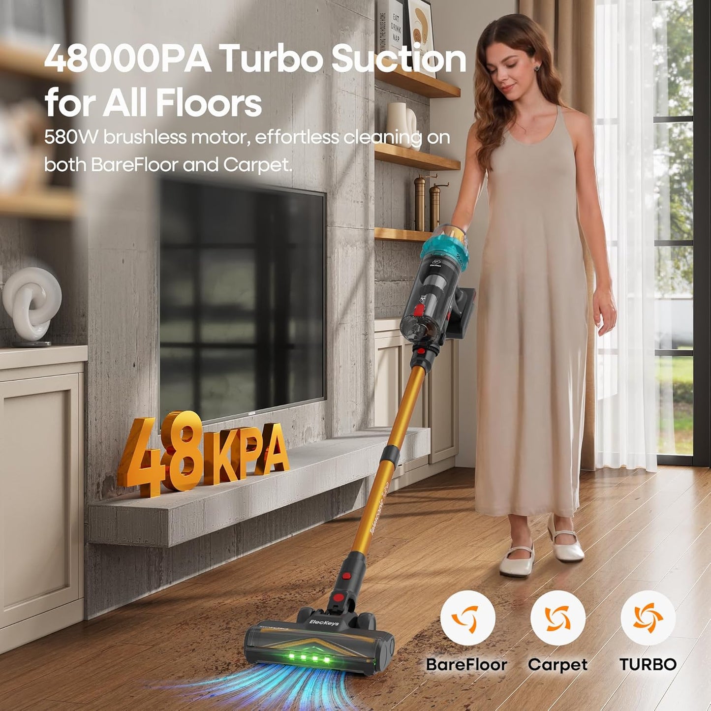 ElecKeys Cordless Vacuum Cleaner, Upgraded 580W 48KPA 65Mins Vacuum Cleaners for Home, Stick Vacuum with Self-Standing and Touch Screen, Anti-Tangled Handheld Vacuum for Pet Hair, Floors, Carpets, K10