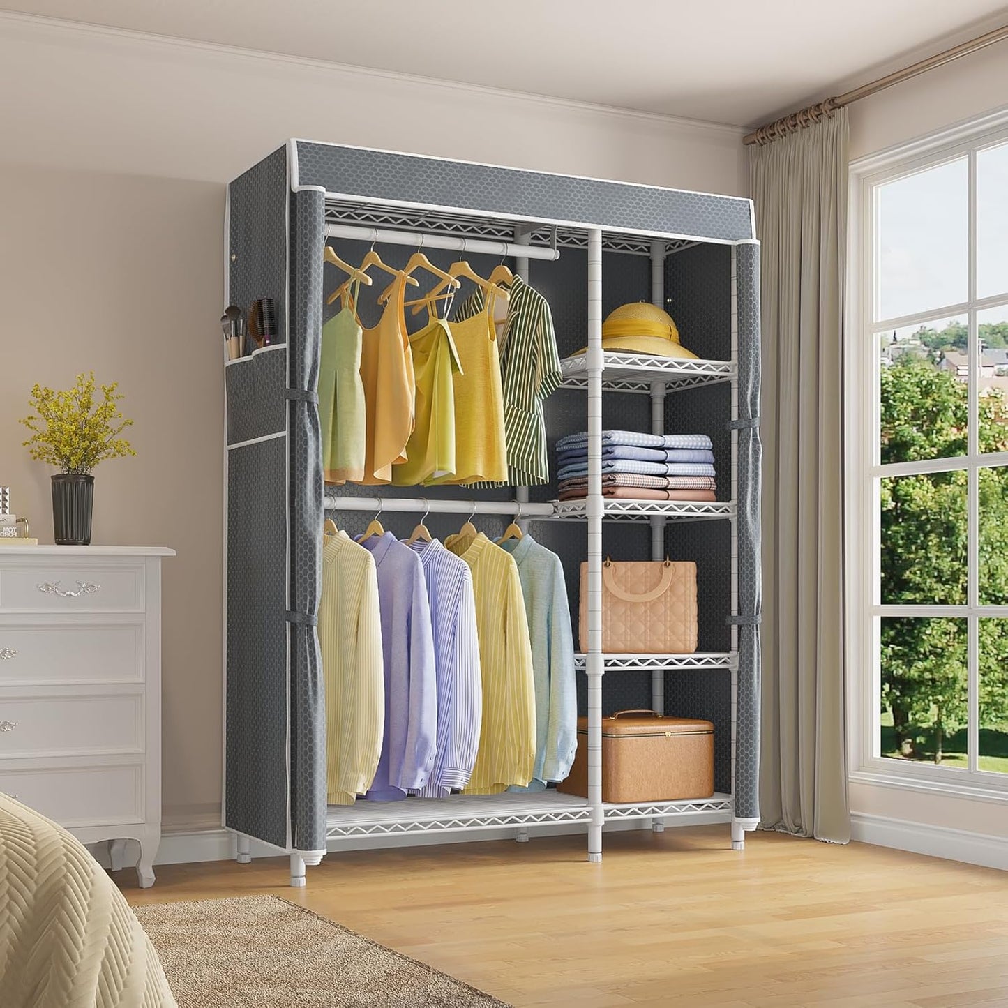 VIPEK V7C Garment Racks with Cover Portable Closets for Hanging Clothes, Heavy Duty Clothes Rack with Shelves Metal Closet Wardrobe, Max 670lbs, White Rack with Grey Upgraded Polyester Cover
