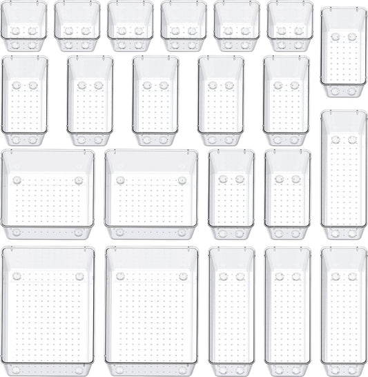 SMARTAKE 22-Piece Drawer Organizer with Non-Slip Silicone Pads, 5-Size Clear Desk Drawer Organizer Trays Storage Tray for Makeup, Jewelries, Utensils in Bedroom Dresser, Office and Kitchen, Clear