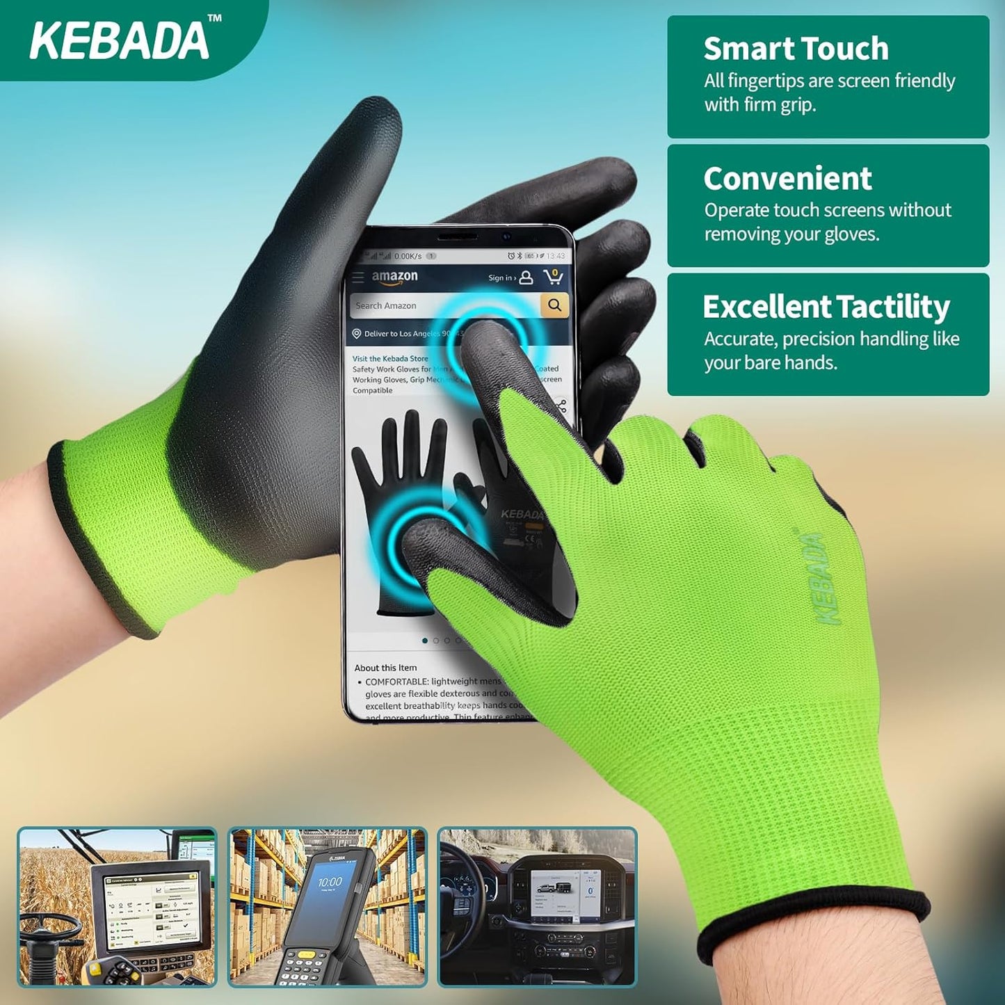 Kebada W1 Work Gloves for Men and Women, PU Coated Safety Gloves with Grip, Touchscreen, Ideal for Warehouse Package Handling, Construction, Gardening, Green Medium
