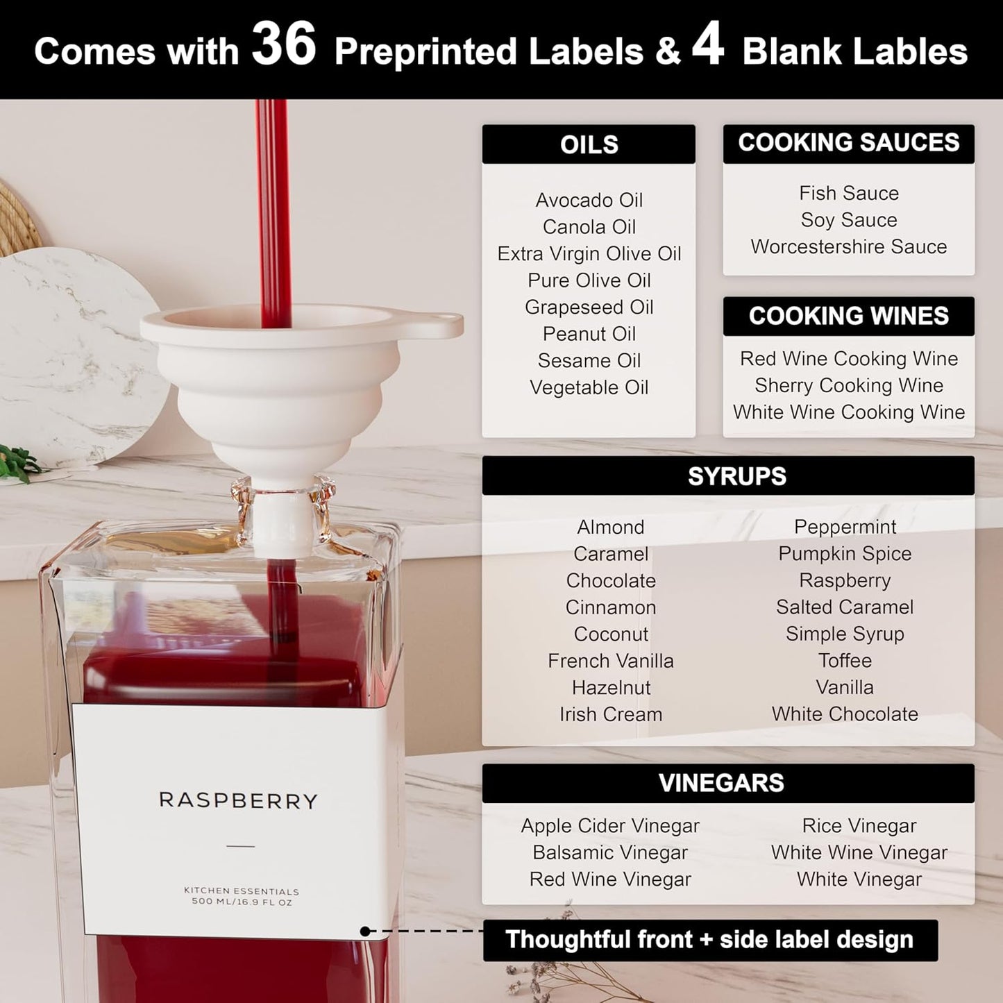 Olive Oil Dispenser for Kitchen, 16.9 oz/ 500 ml Olive Oil Dispenser Bottle, Glass Oil Bottles for Kitchen with 8 Stainless Steel Pourers, 40 Labels, 4 Pcs, Gold