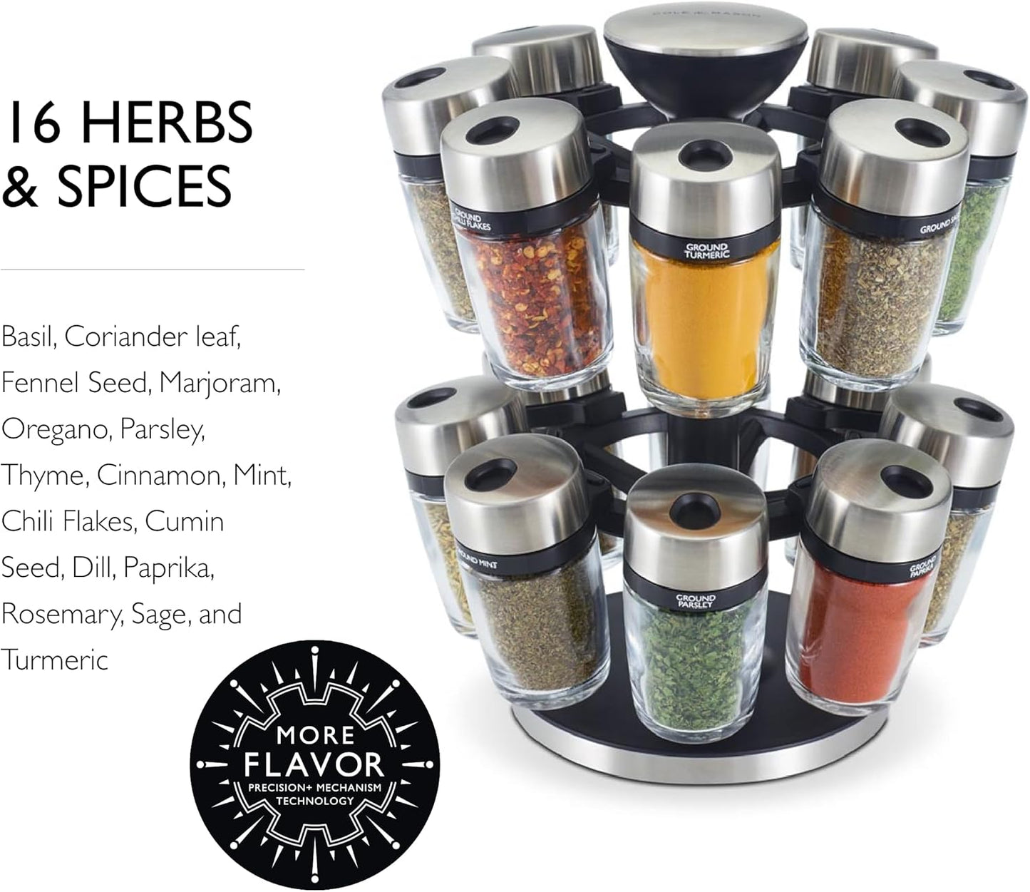 Cole & Mason 16 Herb & Spice Carousel - Rotating Spice Rack - Metal Two-Tier Organizer - Lazy Susan Style - Stainless Steel/Black, 10 inch