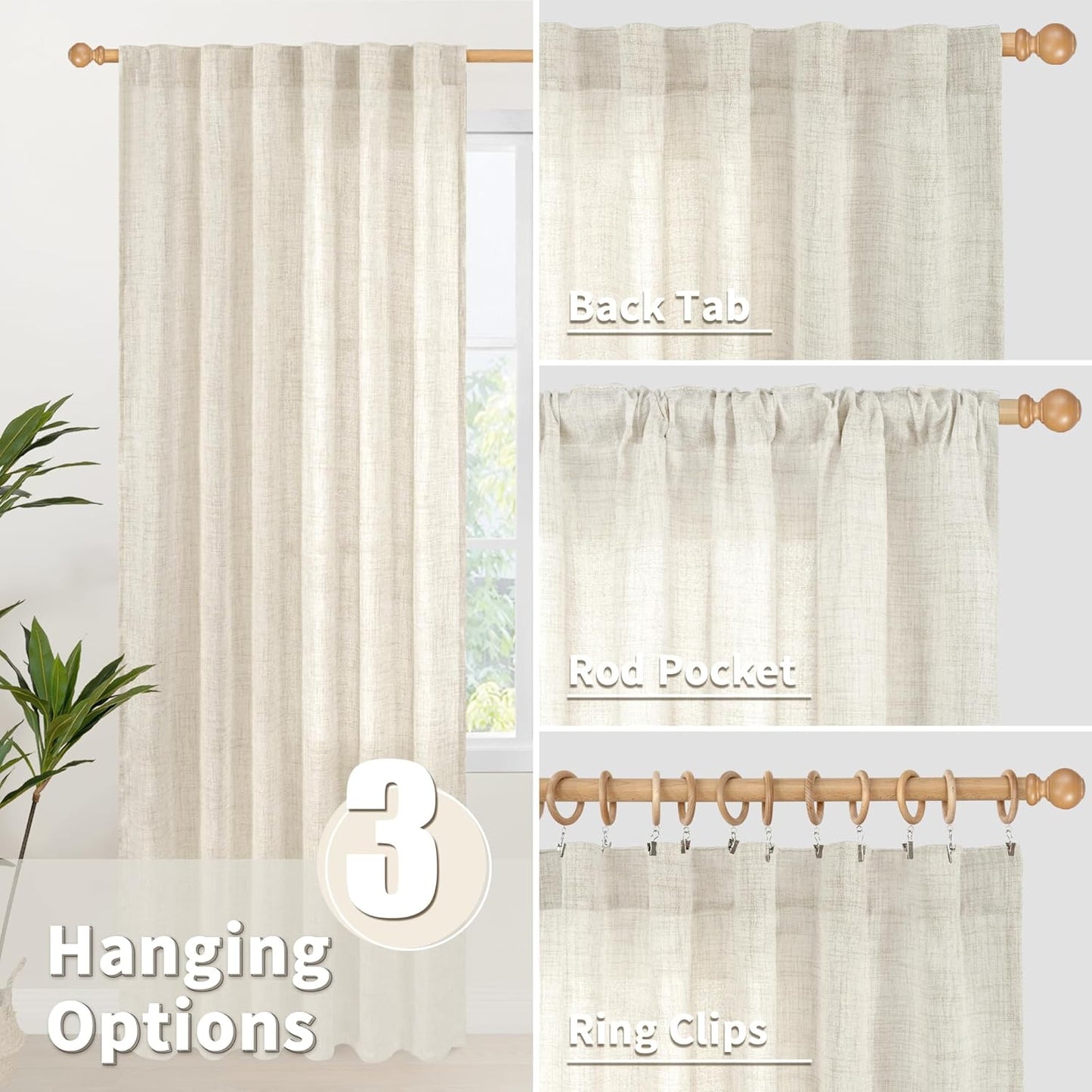 YoungsTex Linen Curtains 72 Inch Length for Living Room - Light Filtering Window Drapes with Back Tab Rod Pocket for Bedroom Office Dining Country Privacy, 42 X 72 Inch, 2 Panels