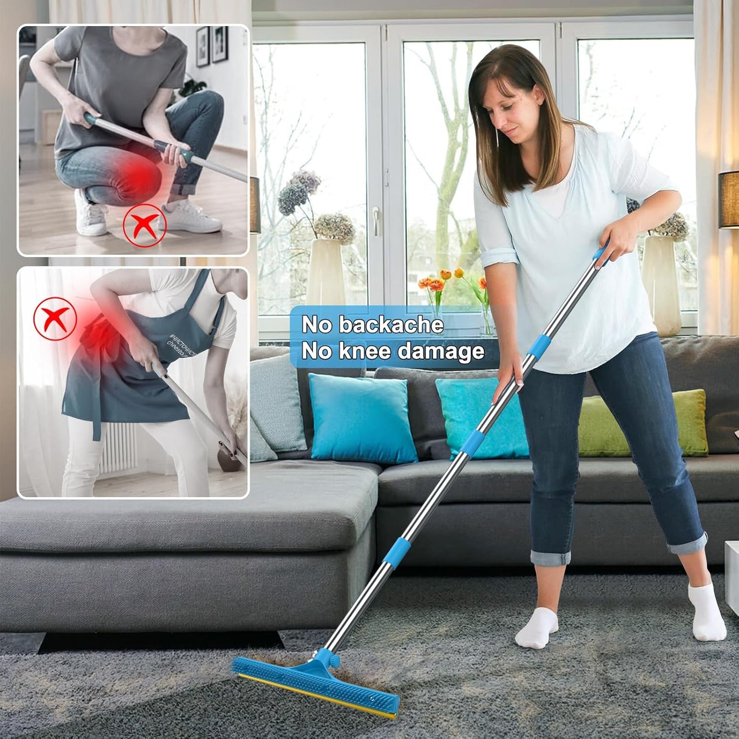 3 in 1 Carpet Rake for Pet Hair Removal, Reusable Pet Hair Remover Broom, 60'' Adjustable Long Handle Dog and Cat Hair Remover Tool Set of 3, Lint Remover Scraper for Carpets, Rugs, Mats, Couch, Car