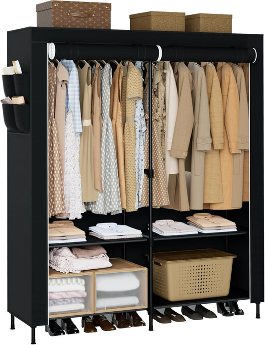 Portable Closet, 54.3 Inch Large Capacity Wardrobe Closet with Cover, Clothes Storage Organizer with Shelves and 2 Hanging Rods, Easy to Assembly, Black PCT102B01